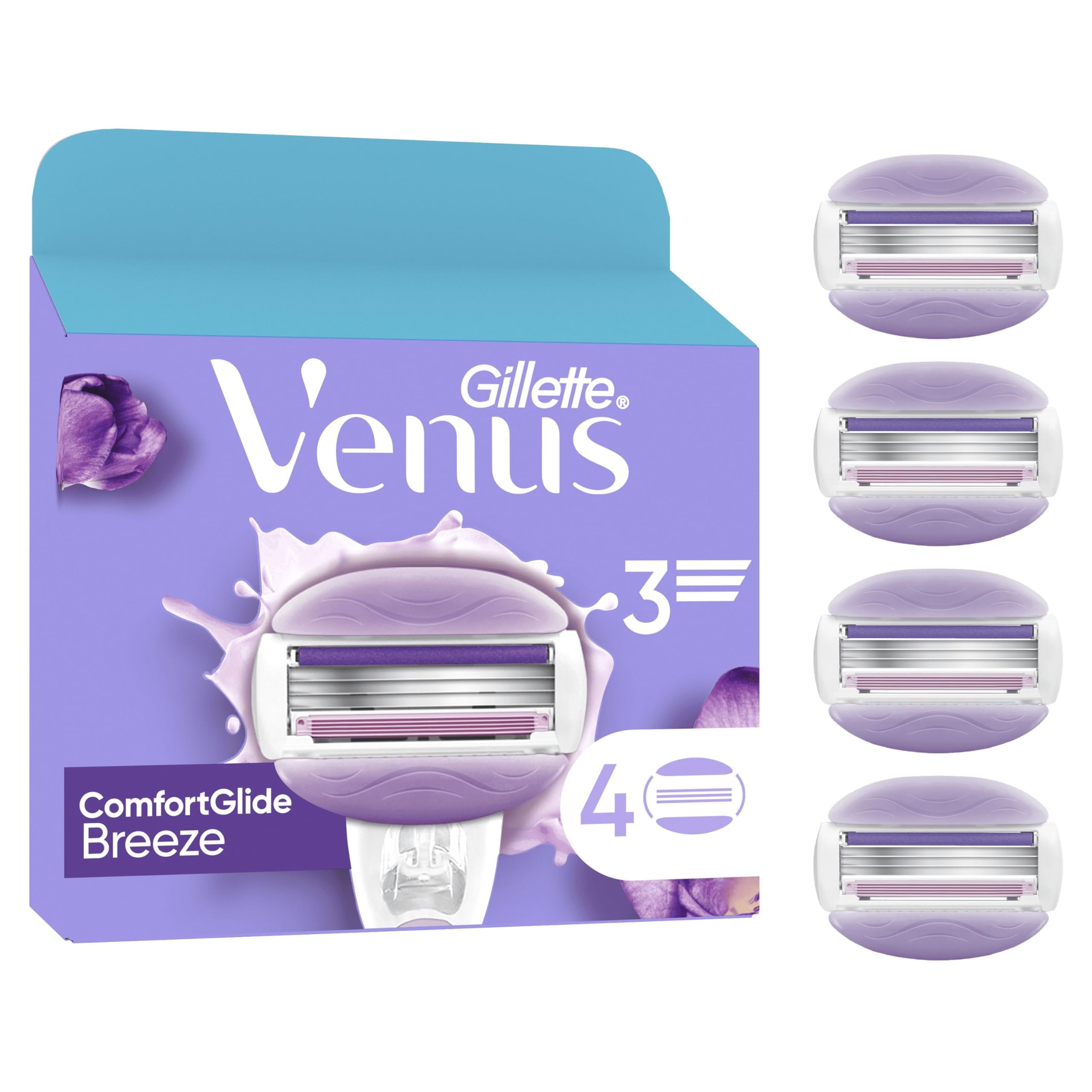 Gillette Venus ComfortGlide Breeze Ostrza dla kobiet, x4 wkłady do ostrzy, metalowy uchwyt wielokrotnego użytku i uchwyt prysznicowy