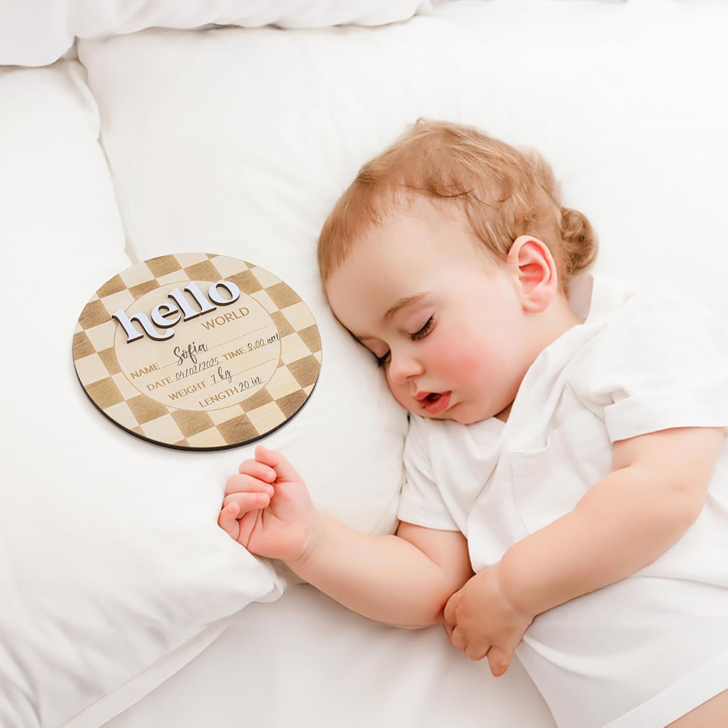 Baby Announcement Sign 6.5 Inch Wooden Hello World Newborn Welcome Sign Birth Name (Checkered)