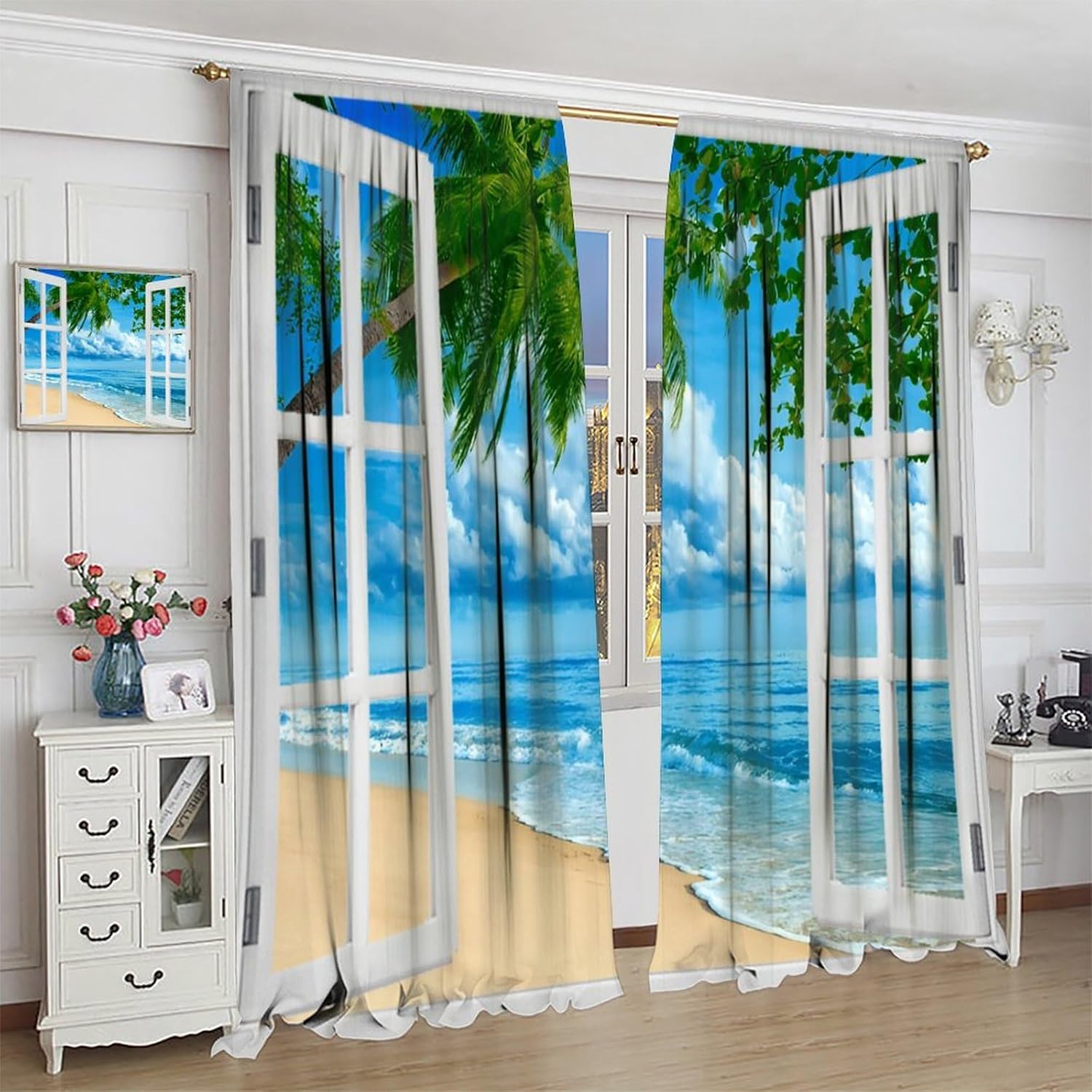 Beach Palm Tree Curtains, Summer Tropical Island Blue Clouds Ocean Nature Landscape Scenic Blackout Window Treatments for Kitchen Bedroom Living Room, 42" W X 54" L