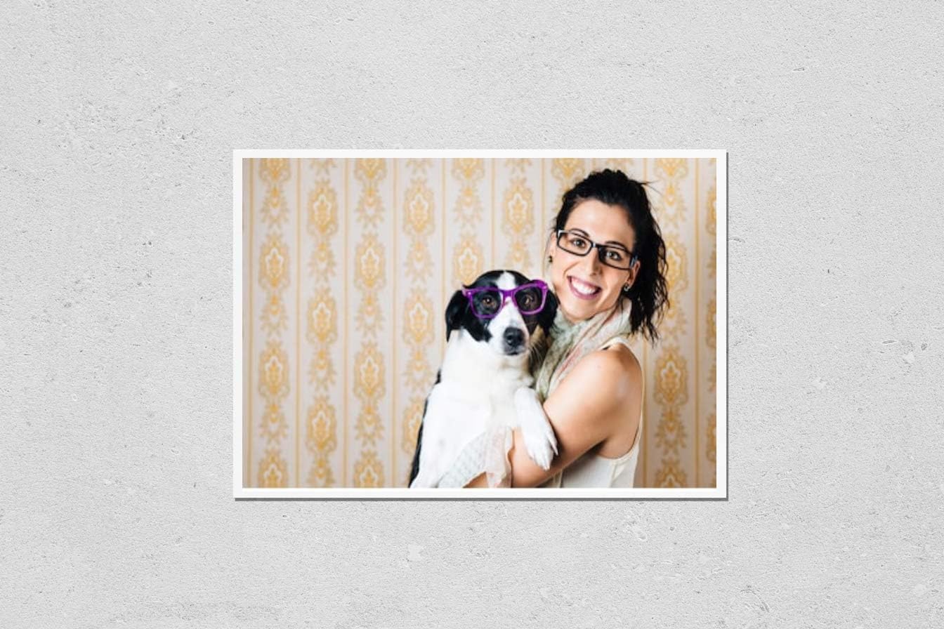 Wall Art Poster Print of Funny Woman and Cute Dog Wearing Glasses. Portrait of Happy Girl with Her Pet with Eyewear.