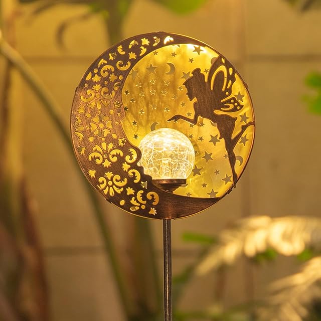 Tryme Solar Fairy Garden Lights - Moon Star Glass Globe Pathway Stake Waterproof Outdoor Decorative Lights for Patio