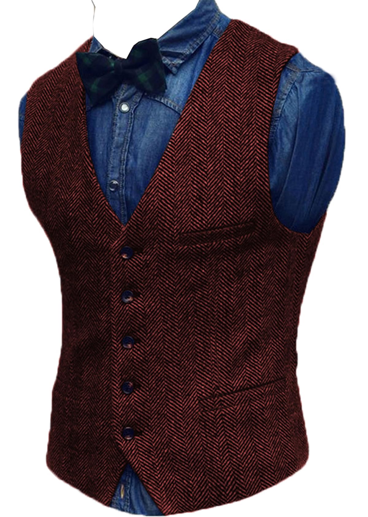 Yiaisafa Men's Waistcoat Herringbone Retro Tweed Waistcoats for Mens Waistcoats Suit Vest Vintage Wedding Wool Tuxedo(Burgundy,S)