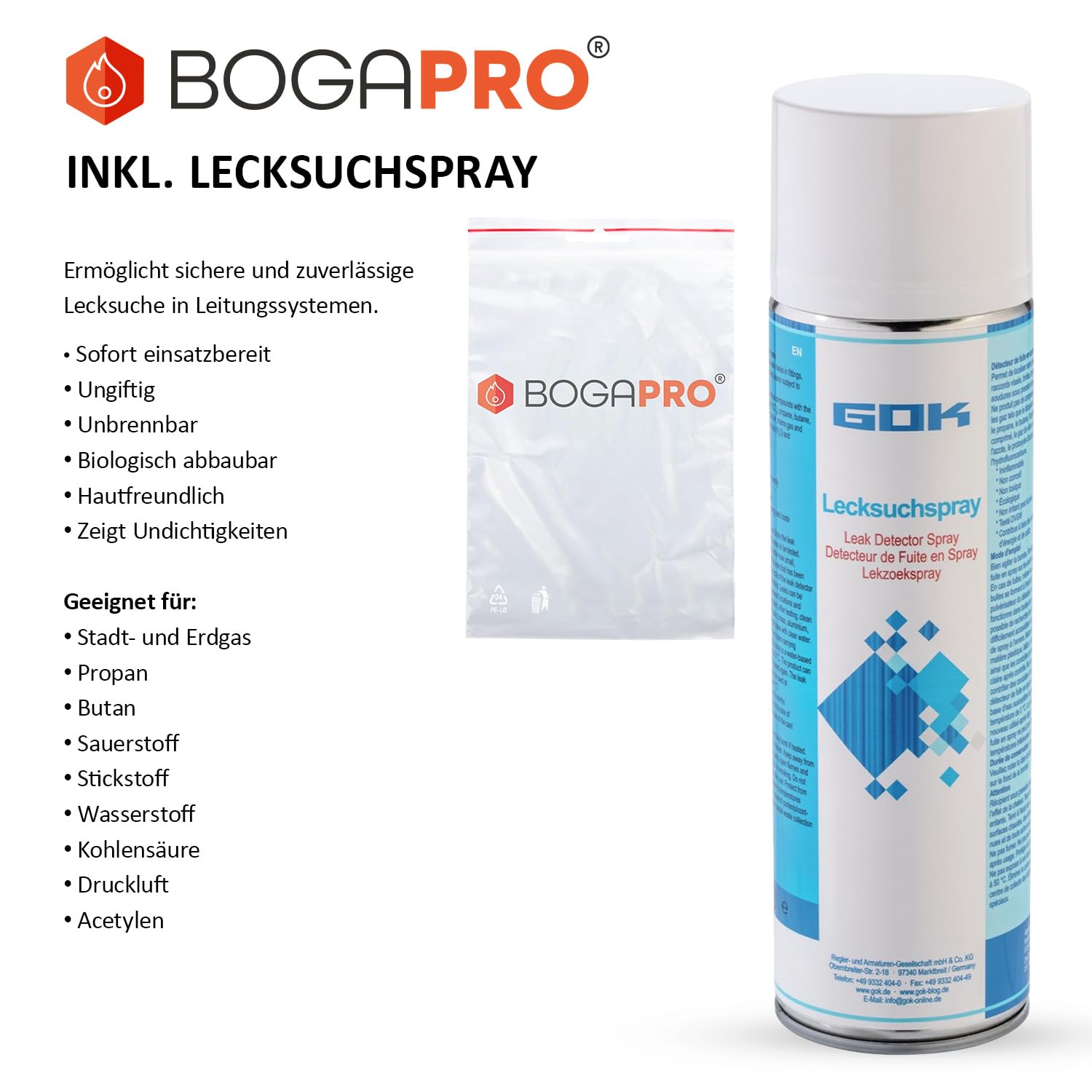 GOK Herd Anschluss Set Pro, mit Kontrollmanometer, Absperreinrichtung, 200 cm Gasschlauch und Teflonband, 30 mBar Betriebsdruck, inkl. Lecksuchspray und Polybeutel