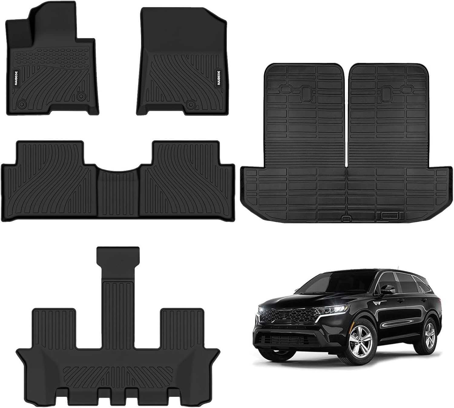 Naibeve Floor Mats for Kia Sorento Hybrid 2021-2024 2025 2026-All Weather for Kia Sorento Hybrid Floor Mats Liners& Cargo Liner& Seats Back Cover Behind The 3rd Row
