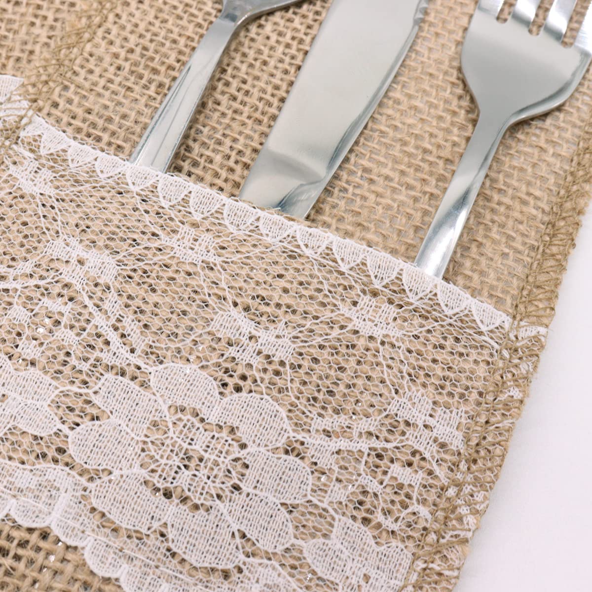 20 Porte-Couverts En Jute Naturel + Dentelle Blanche – Sacs Rustiques Pour Mariage, Noël, Fête, Table Élégante