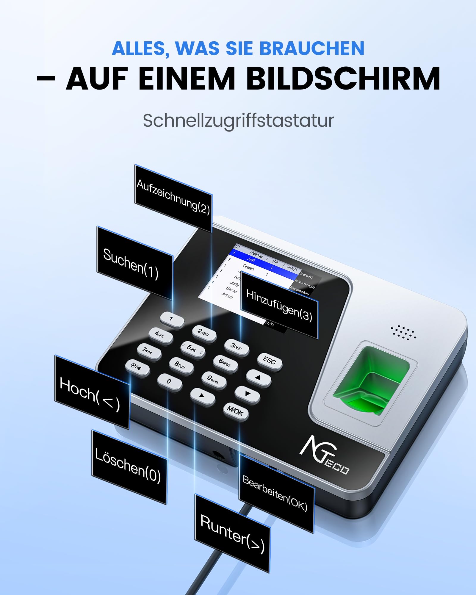 NGTeco Zeiterfassungsgerät für Mitarbeiter (Fingerabdruck + PIN), Standalone Stechuhr, Kein WiFi/Software/Monatliche Kosten, Deutsch