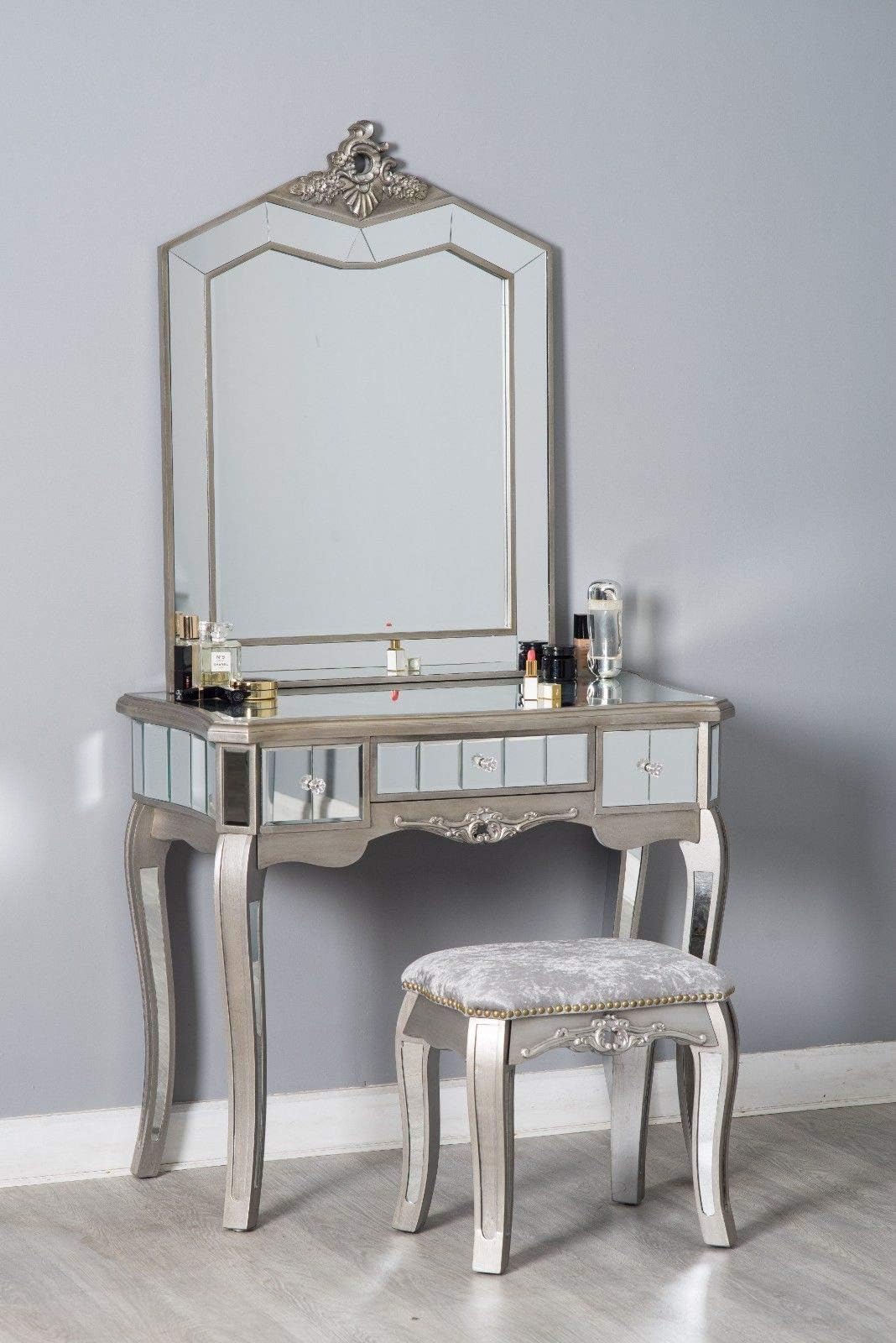 Furnituremaxi French Style Dressing Table Set with Stool & Mirror Chic Antique Bedroom Furniture, Silver