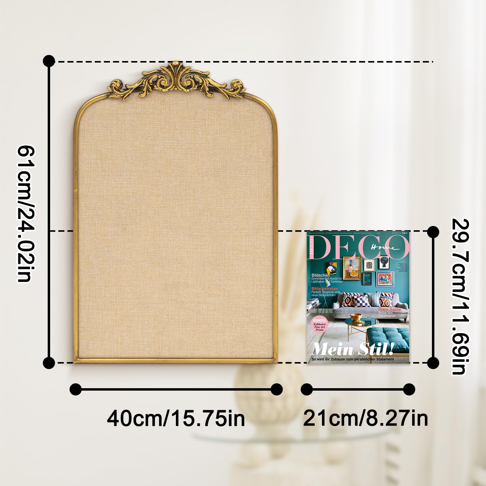 Elegancka tablica do przypinania z żywicy syntetycznej z akcentami kwiatowymi, 40 x 61 cm, w stylu vintage, korkowa tablica z artystyczną żelazną ramą, do dekoracji domu i biura