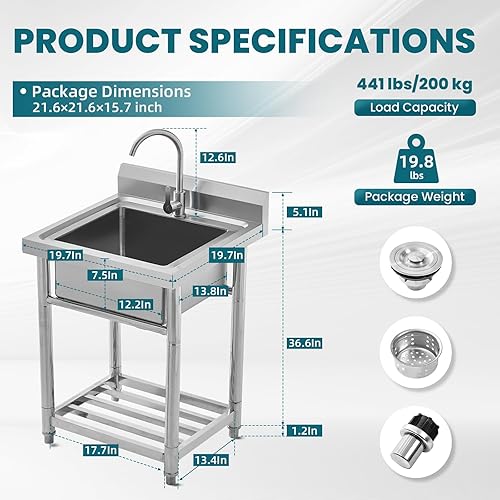 Miniatura 2 de Fregadero utilitario de acero inoxidable de pie individual para lavandería, fregadero de cocina comercial al aire libre con tubo frío caliente para