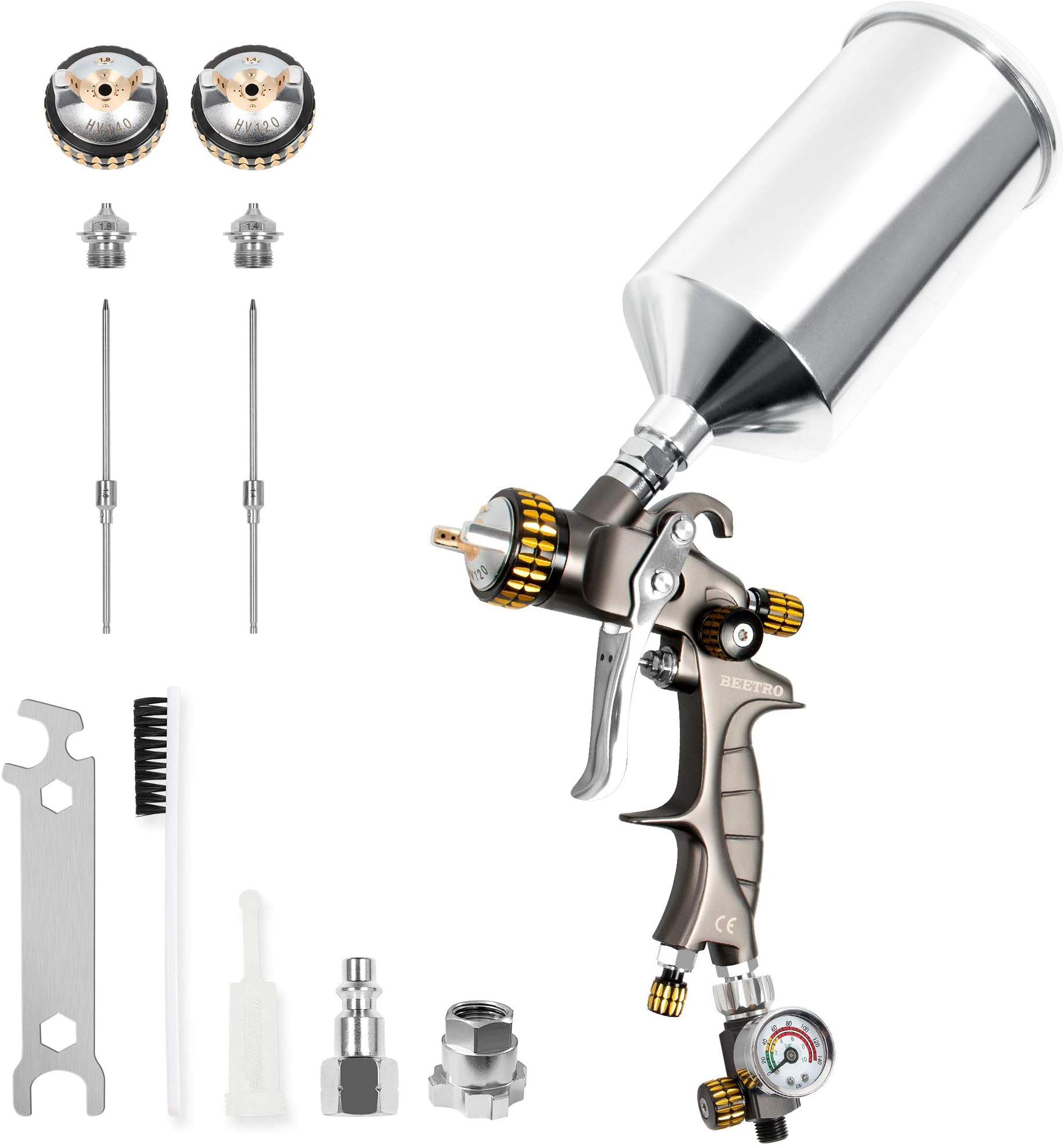 HVLP Air Spray Gun, 1000ml Capacity 14.3CFM 29-32psi 1.4mm/1.8mm Nozzles Stainless Steel with Type 2 Adapter Air Control Valve and Filter Professional Gravity Feed Sprayer Automotive