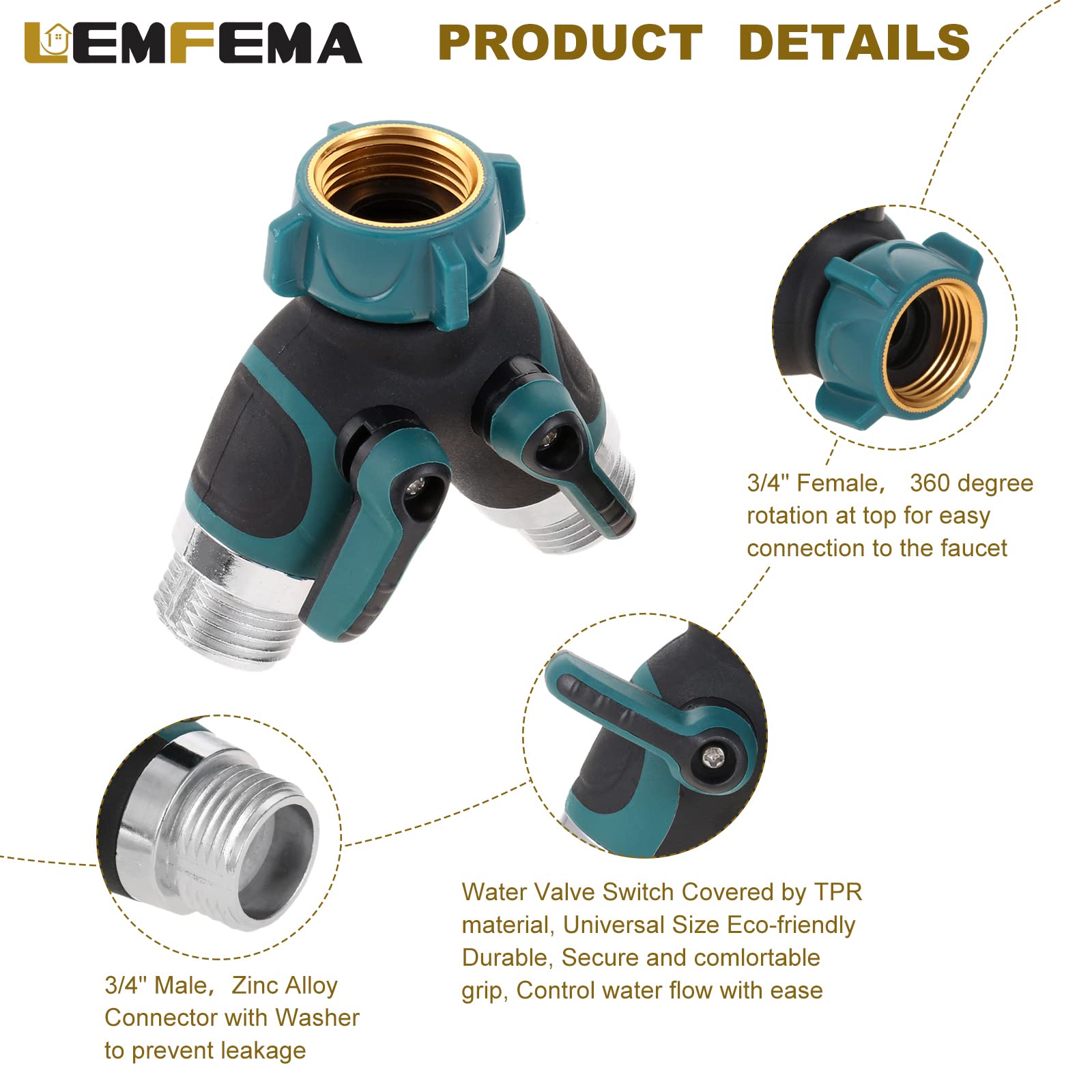 Divisor De Manguera 2 Vías Conector Y De Metal Goma 3/4 Pulg 2 Divisor