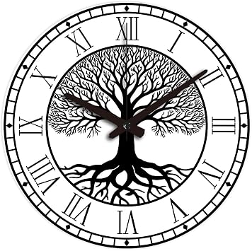 CHGCRAFT Black Tree of Life Pattern Wall Clock 12 Inch Non-Ticking Roman Text Clocks Round Wall Hanging Clock Battery Operated for Bedroom Living Room Kitchen Office