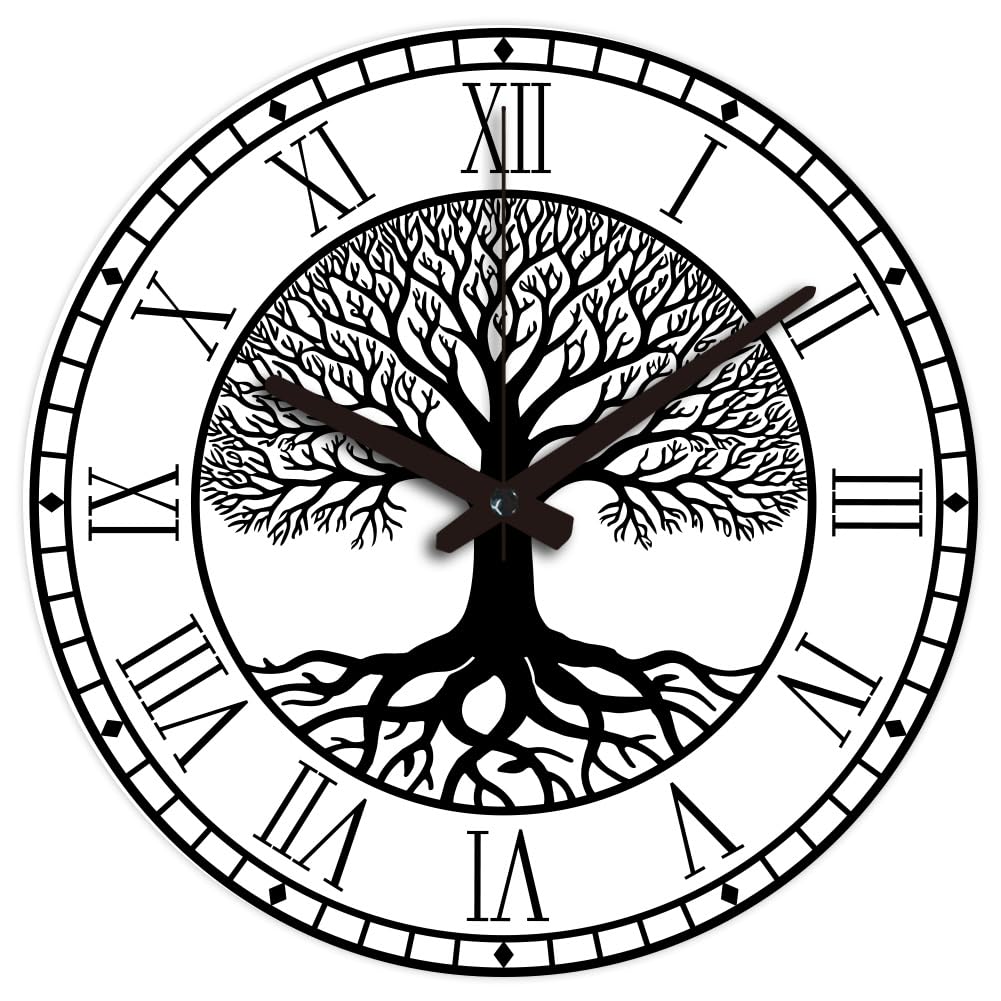 CHGCRAFT Black Tree of Life Pattern Wall Clock 12 Inch Non-Ticking Roman Text Clocks Round Wall Hanging Clock Battery Operated for Bedroom Living Room Kitchen Office