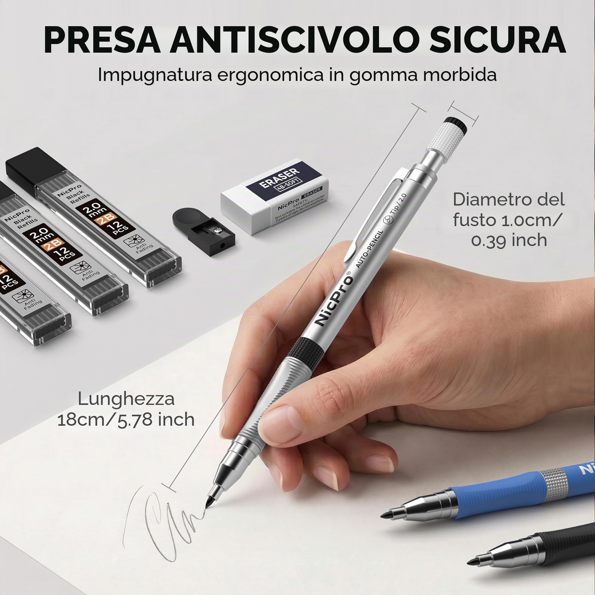 Nicpro 6 Pezzi 2mm Matite Meccaniche Set con 16 Tubo Mine HB & 2B, Gomma, Temperamatite per Artista, Disegno