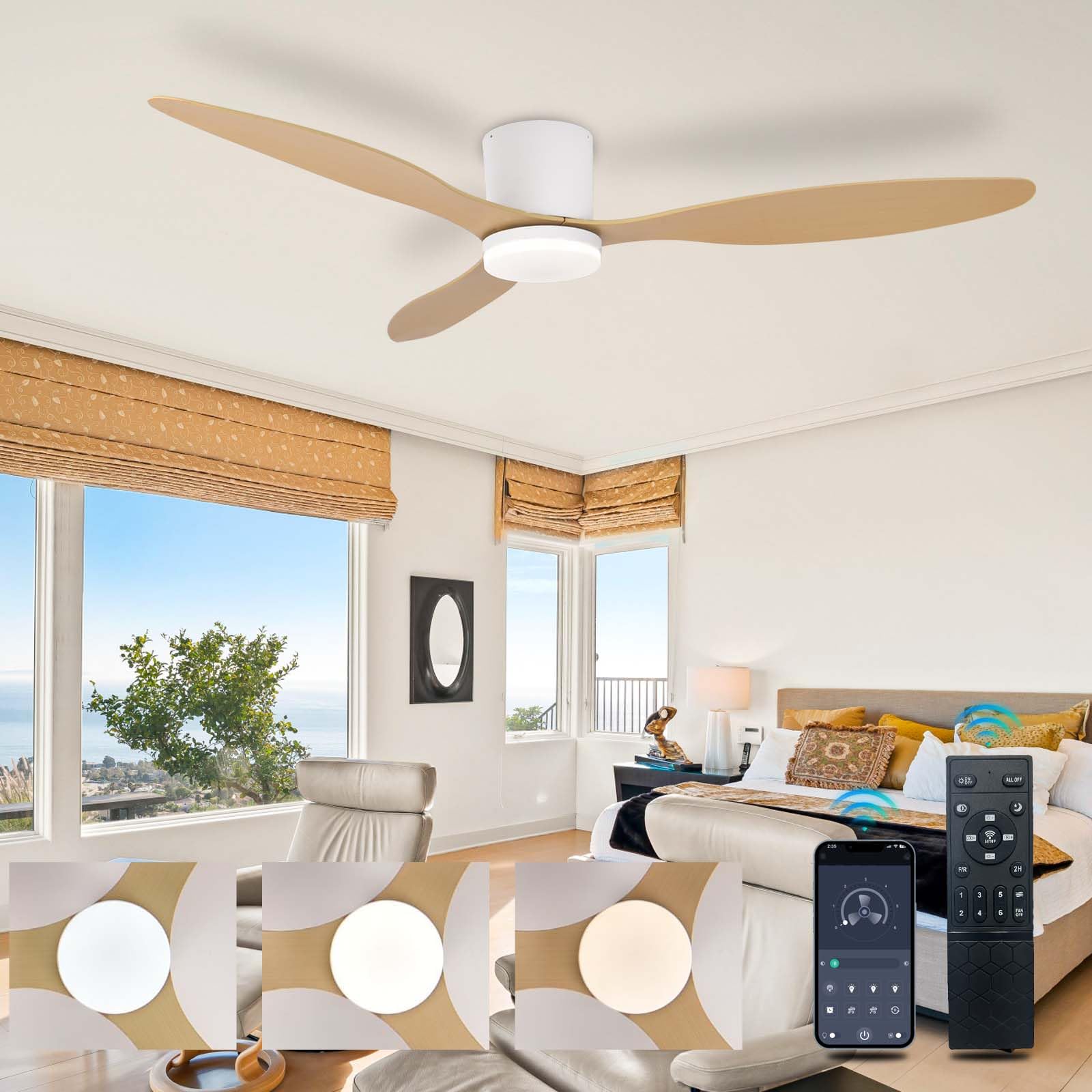 106 cm Ceiling Fans with Silent Light Lamp Ceiling Fan Bedroom Led 6 Speed Adjustable Ceiling Fan with Light and Remote Control Timer Living and Dining Room White