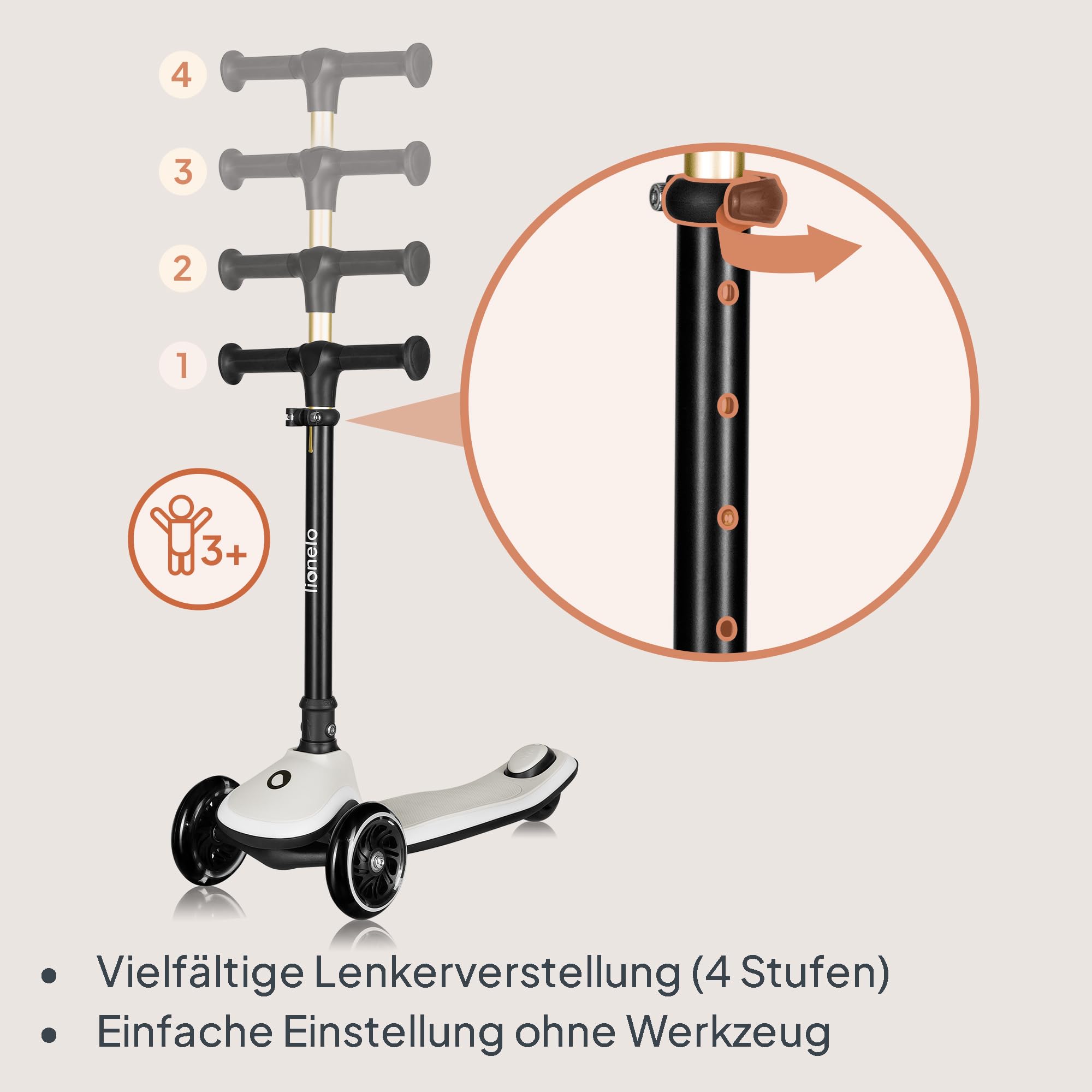 LIONELO MEY Kinder-Balance-Roller ab 3 Jahren bis 50 kg, dreirädriger Kinder-Roller mit Höhenverstellung, rutschfestes beleuchtetes Trittbrett und LED-Räder, Korb