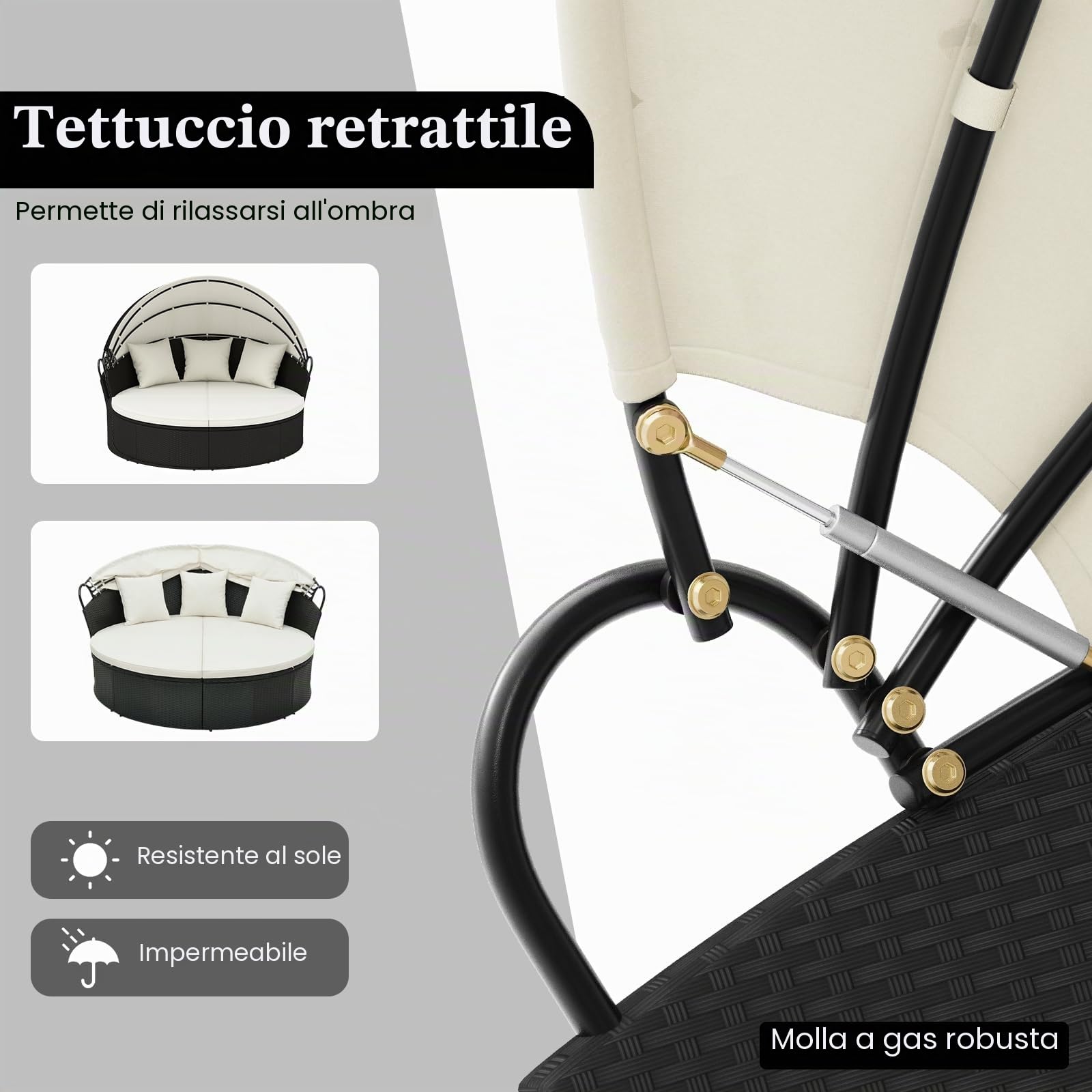 GIANTEX Isola prendisole con lettino e cuscini, tettuccio pieghevole, rattan lounge da giardino, sdraio da giardino, set rotondo φ187 cm per 2-3 persone, mobili da giardino per terrazzo (Bianco)