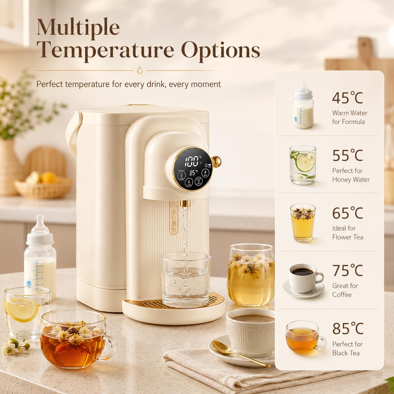 Natychmiastowy dozownik ciepłej wody 3.8L, 1200W Szybki wrzód w 8 sek, Touch Sn z 6 ustawieniami temperatury 45-85C, Zdejmowany zbiornik do kawy herbacianej, Bezpieczne funkcje Bei
