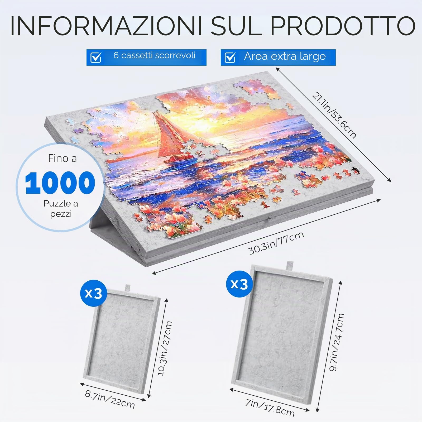 Tavolo Puzzle da 1000 Pezzi con 6 Cassetti, Angolo di Inclinazione, Puzzle Board Portatile, Puzzle Board per Bambini e Adulti (Grigio)