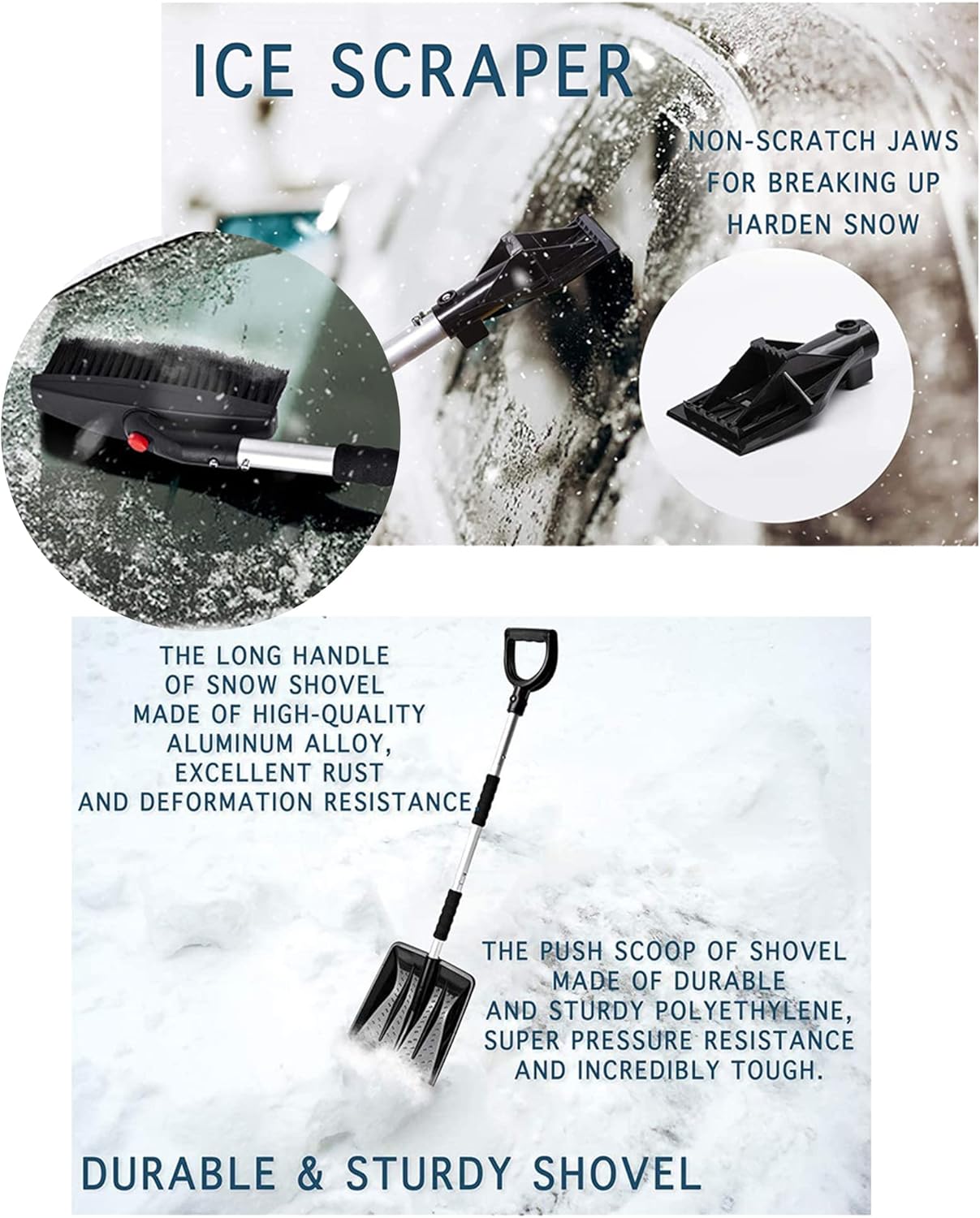 3-in-1 Snow Shovel Kit, multifun Snow Shovel with Ice Scraper and Snow Brush, 3 Piece Collapsible Design with Carry Bag Ice Scraper and Snow Brush, for Car Truck Camping Backyard : Patio, Lawn & Garden