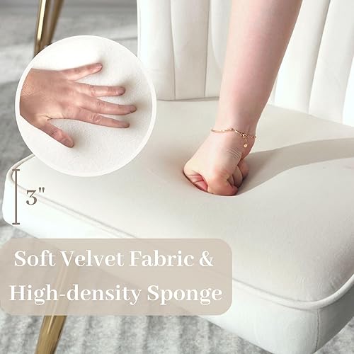 Miniatura 4 de Juego de 2 sillas de comedor de terciopelo beige tapizadas con patas doradas, sillas de acento modernas de mediados de siglo, sillas laterales sin