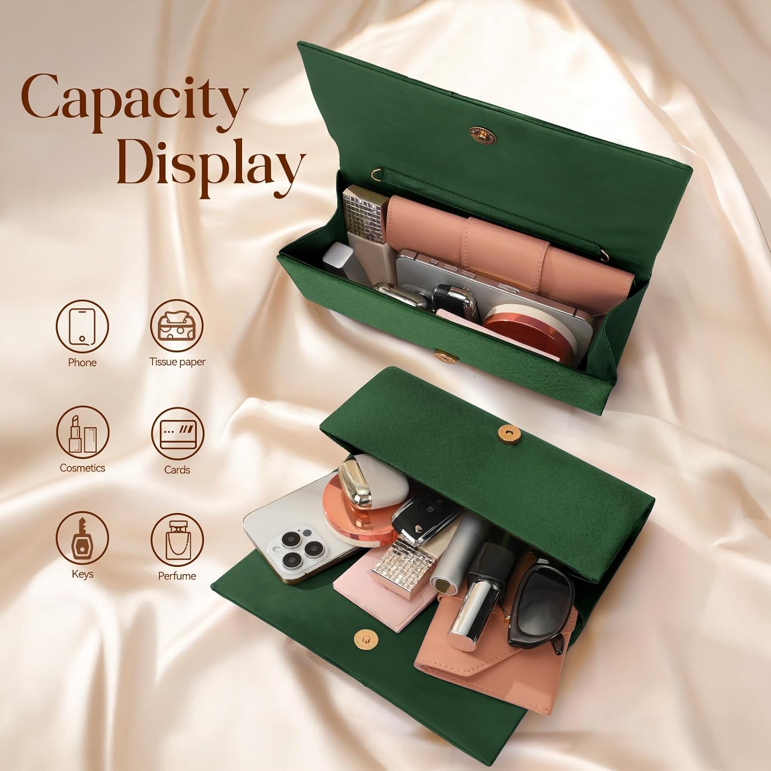 Evening Satin Purse with Detachable Chain Fomal Clutch Women's Evening Handbags