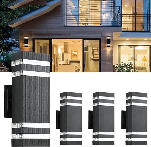 Paquete de 4 luces LED cuadradas de 12 pulgadas hacia arriba y hacia abajo de 14 W, 4000 K, luz blanca de pared para exteriores, cuerpo de aluminio,