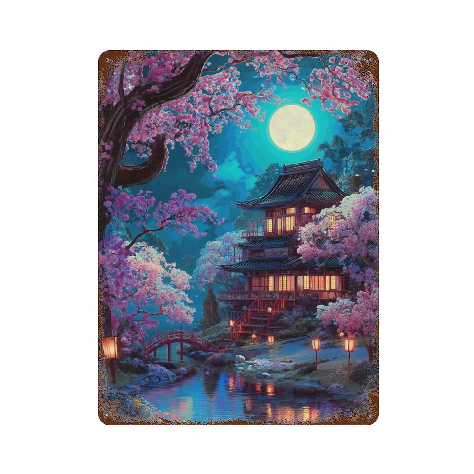 Cherry Blossom Moonlit Garden 15.7"x11.8" Rustic Tin Plaque, Retro Wall Decor for Garage, Bar And Workshop Decor