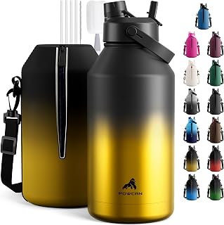 POWCAN 64 oz Insulated Water Bottle for Sports: 2-in-1 Straw & Spout Lid, Leakproof, Carrier Bag, Shoulder Strap, Keep Cold 48H, BPA-Free, Half Gallon Metal Water Jug for Gym, Travel, Gift(King)