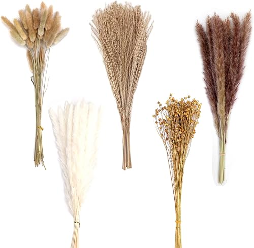 Hierba de pampa seca natural, 90 tallos variados de flores secas para jarrón  Incluye hierba de pampa blanca de 17 pulgadas, colas de conejo, hierba