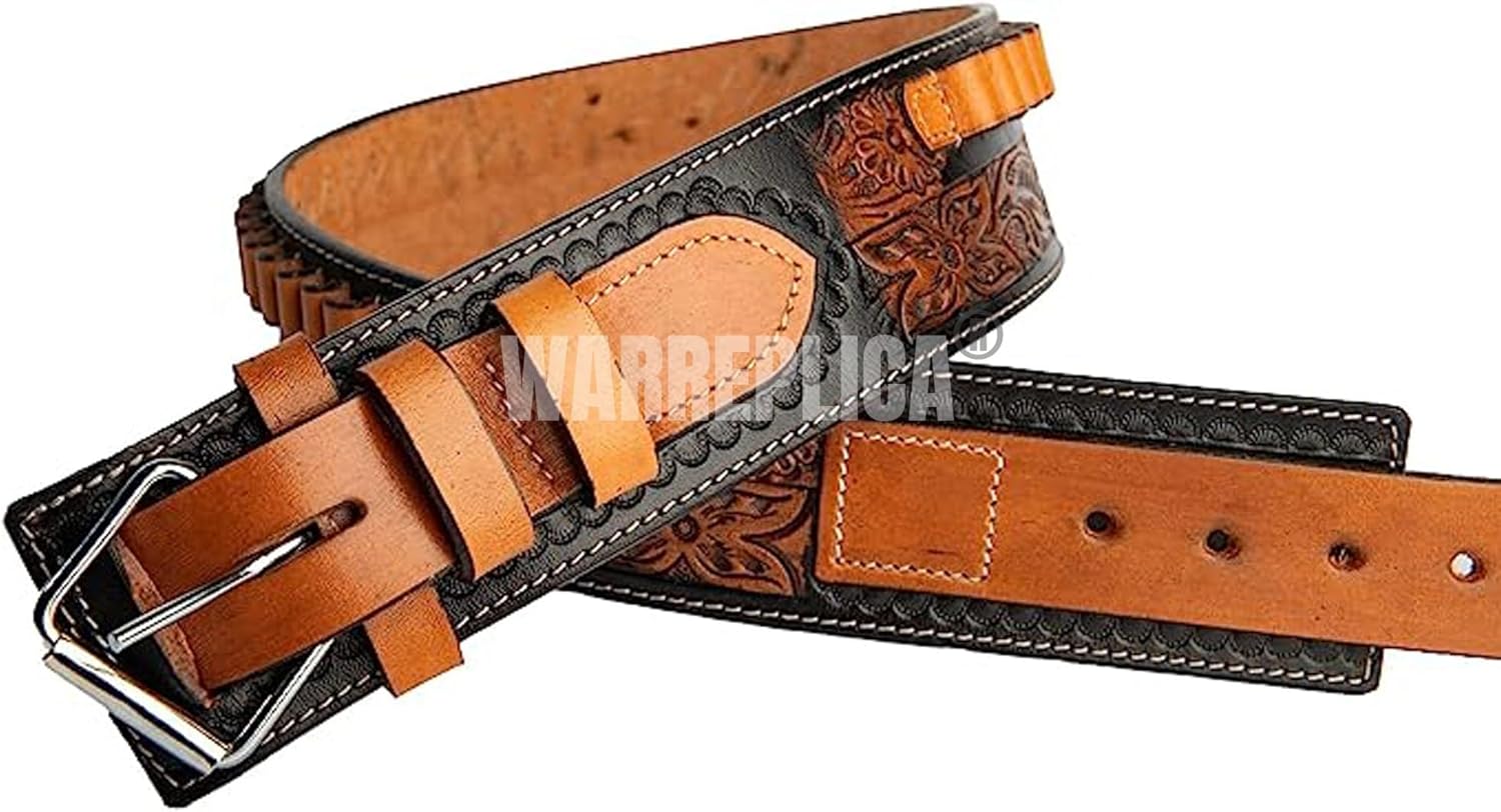 warreplica Full Grain Buff Leather 45 Colt Cartridge Cowboy Belt for .44/45 Ammo Belt Heavy Leather Belts for Men (Ammo Loop Cartridge .38 Cal, 357-9mm, Two-tone Brown, Size-2 (38-40 Inches))