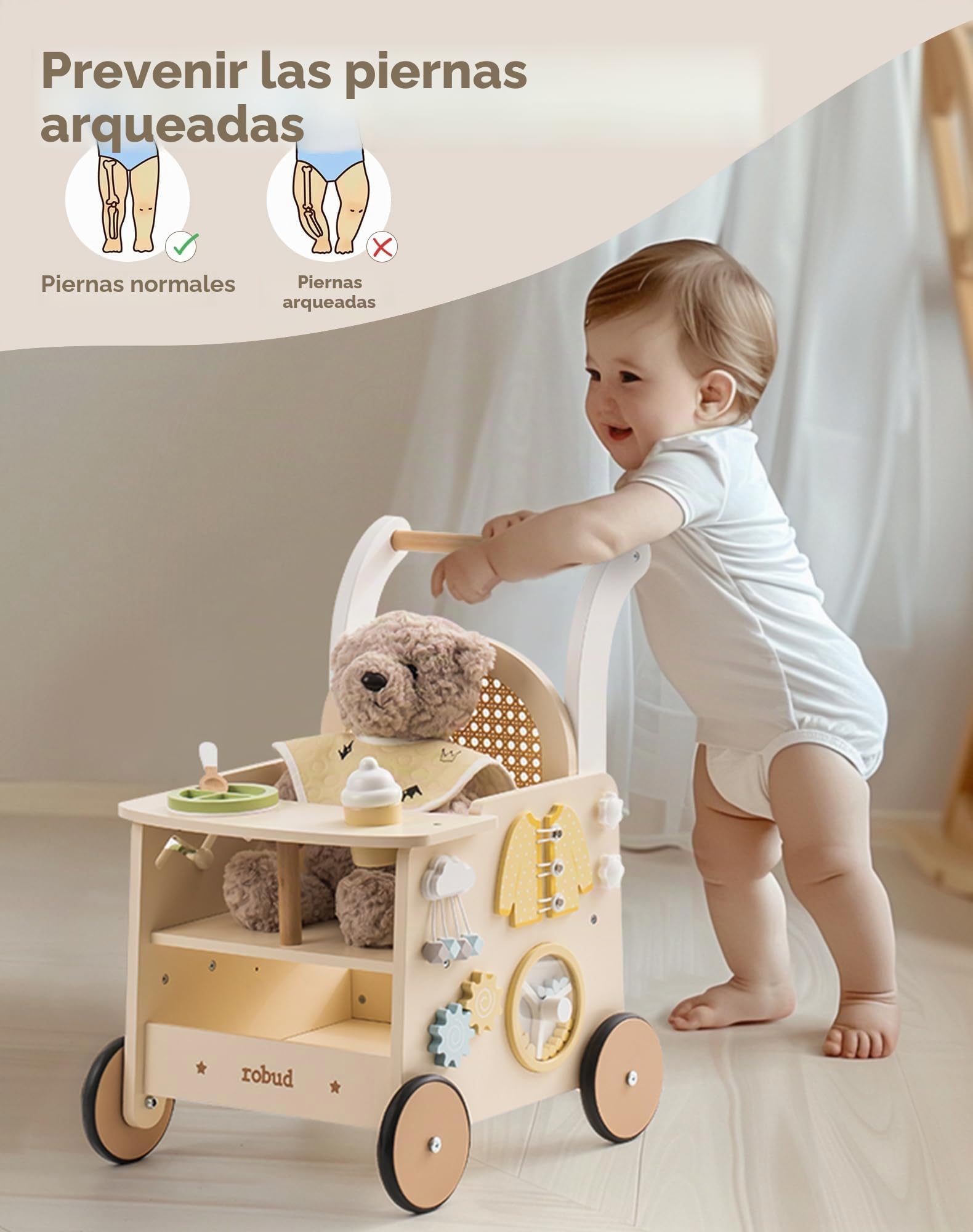 ROBUD Andador de madera 2 en 1 con muñeco, actividad Montessori, freno de seguridad y juguete para motricidad infantil