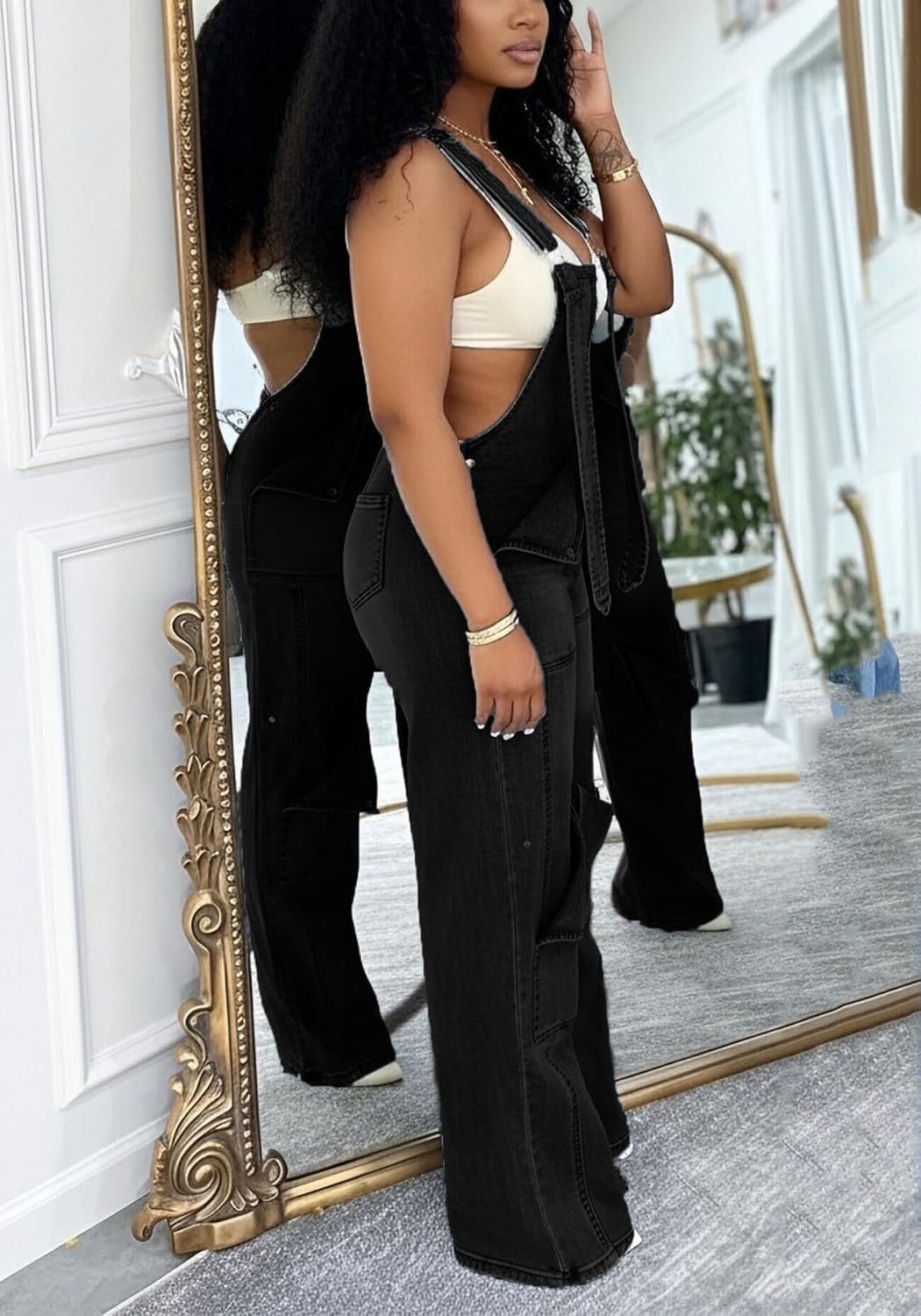 LAJIOJIO Denim Overalls for Women Casual Wide Leg Pants Baggy Jean Vintage Jumpsuit with Pockets - Image 2