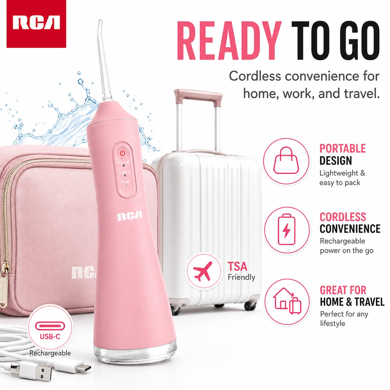 RCA Idropulsore portatile ricaricabile senza fili, filo interdentale elettrico per denti con ugello rotante a 360°, 3 modalità di pressione, serbatoio dell'acqua da 330 ml, filo interdentale