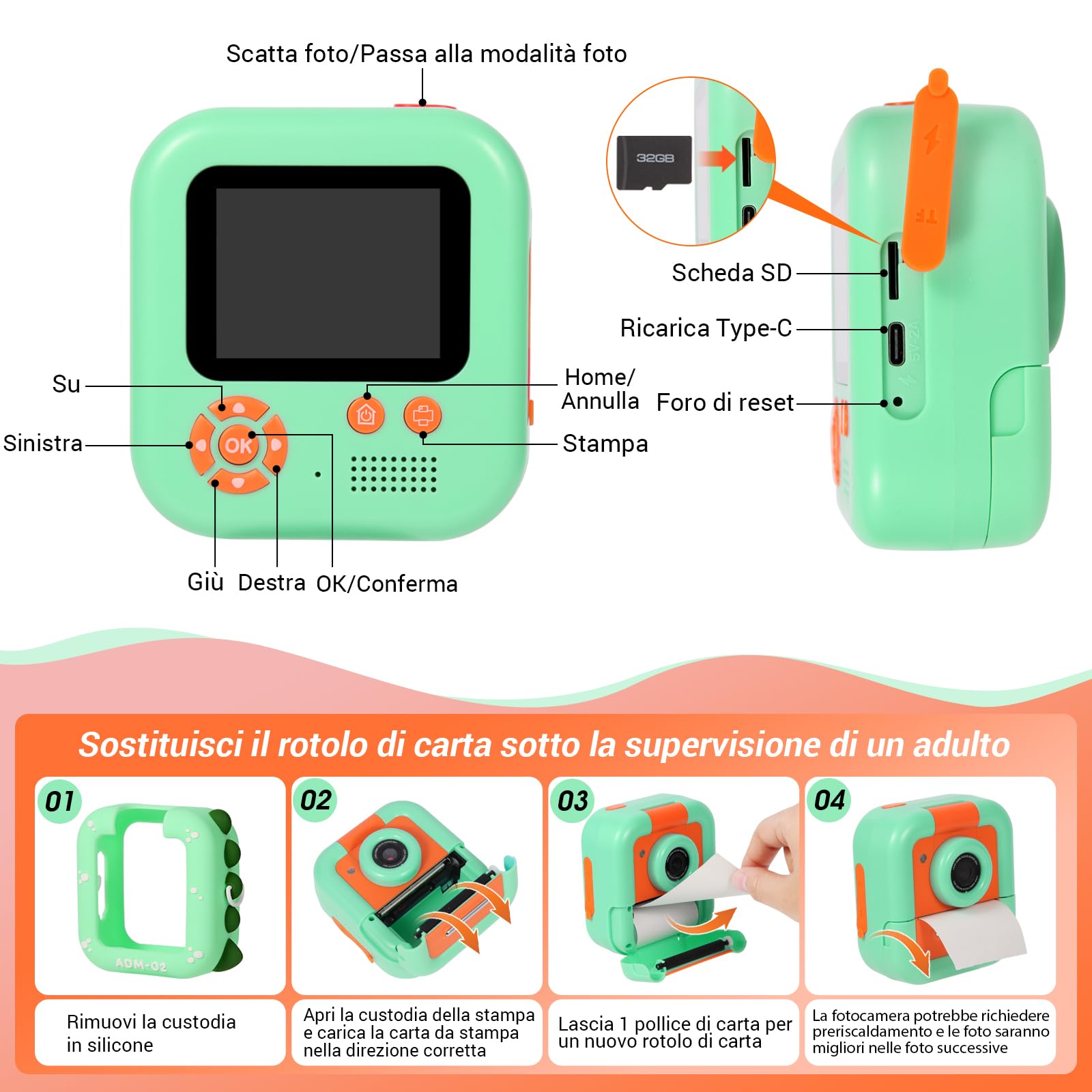 Macchina Fotografica Bambini Istantanea, ZUEOKAI 2,4" Fotocamera Istantanea Bambini con 180° Flip Obiettivo e 3 Stampa Carta, 32GB, Fotocamera con Silicone Custodia, Regalo Bambina Bambino 3-10