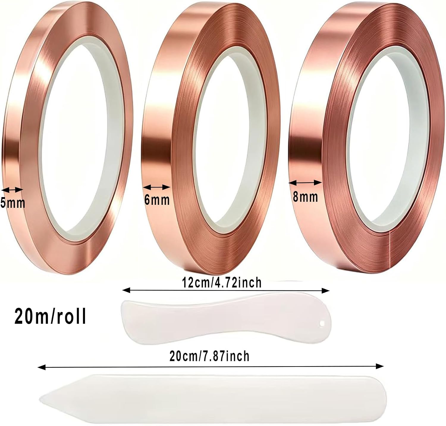 3 Rolls Backed Copper Foil Tape – 0.5cm, 0.6cm, 0.8cm Width, 20 Meters Each, for Stained Glass, Soldering, DIY Crafts, Electronics & Repairs