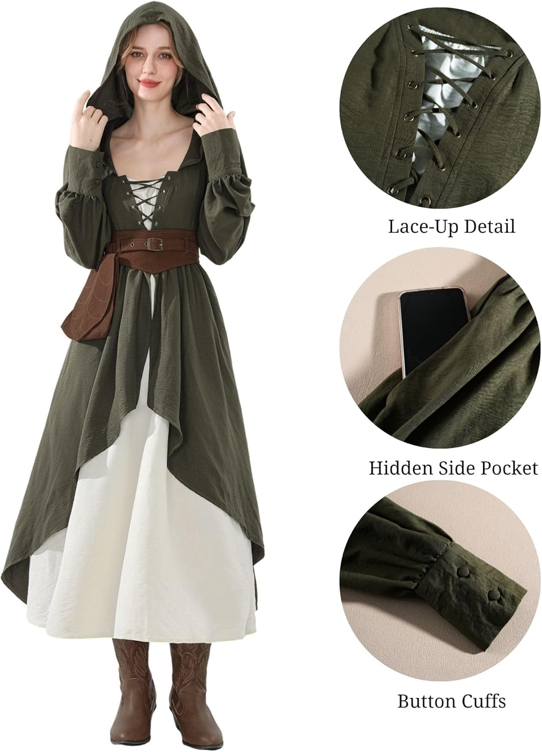 Nuoqi Renaissance Dress for Women Medieval Dress with Belt Pouch Lace Up Hooded Corset Ren Faire Halloween Outfit Olive Green