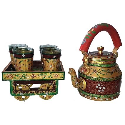 iHandikart Handicrafts Handpainted Decorative Aluminium Tea Kettle with 4 Glass 1 Thela Cart (Multicolour, Standard)