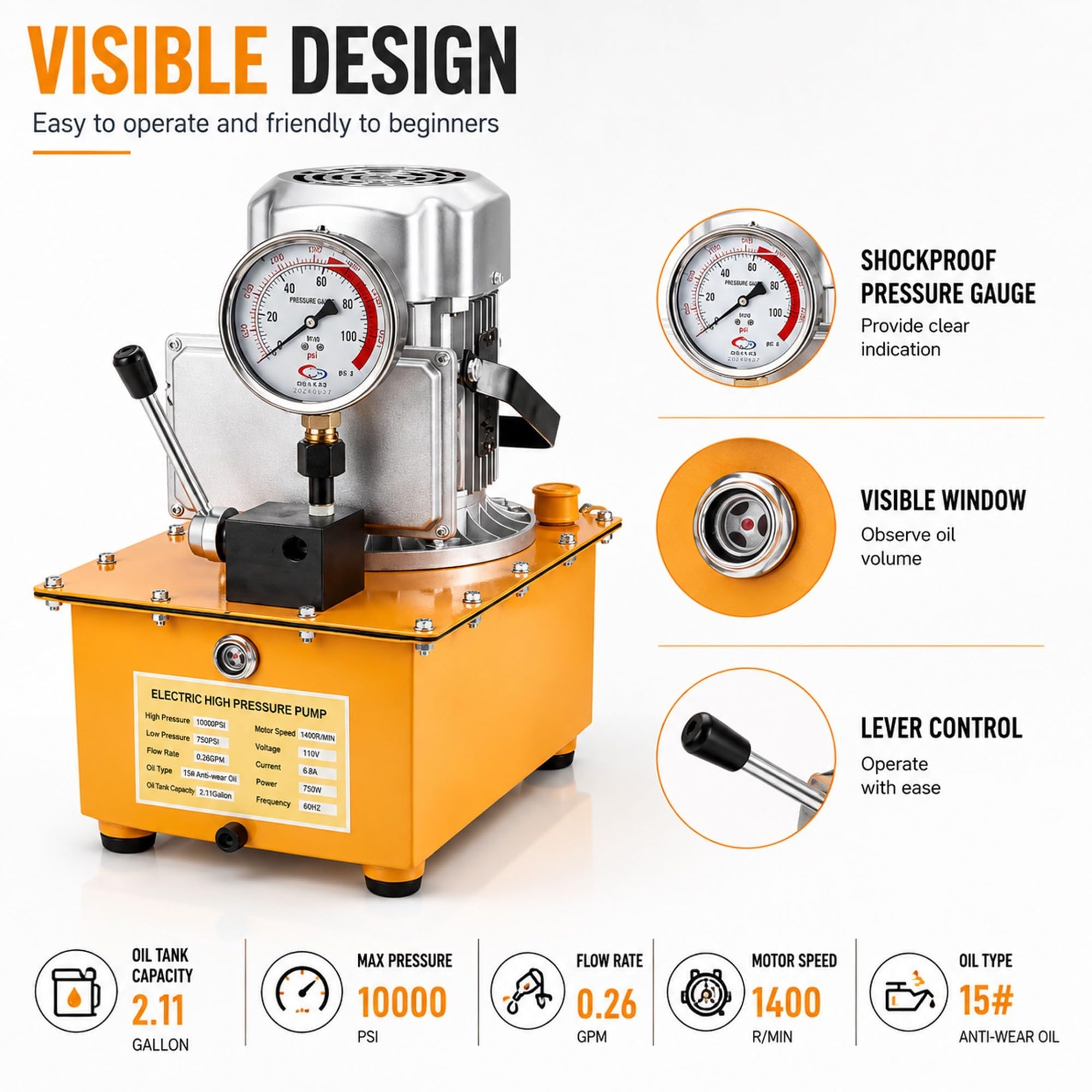 Elektryczna pompa hydrauliczna 10000PSI z pojedynczym efektem, 750W zawór