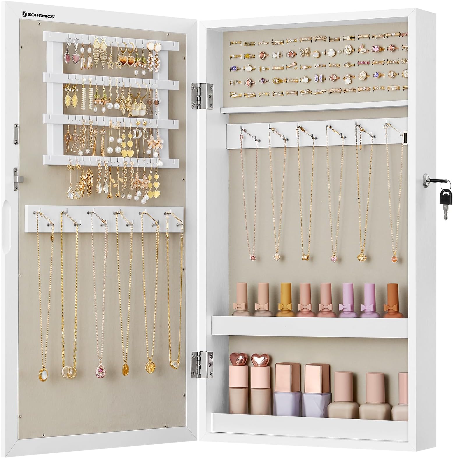 SONGMICS Wall-Mounted Jewellery Cabinet, Mirror with Storage, Lockable Mirrored Cabinet, Jewellery Organiser with Mirror, Space-Saving, White Surface, Greige Lining JJC051W02
