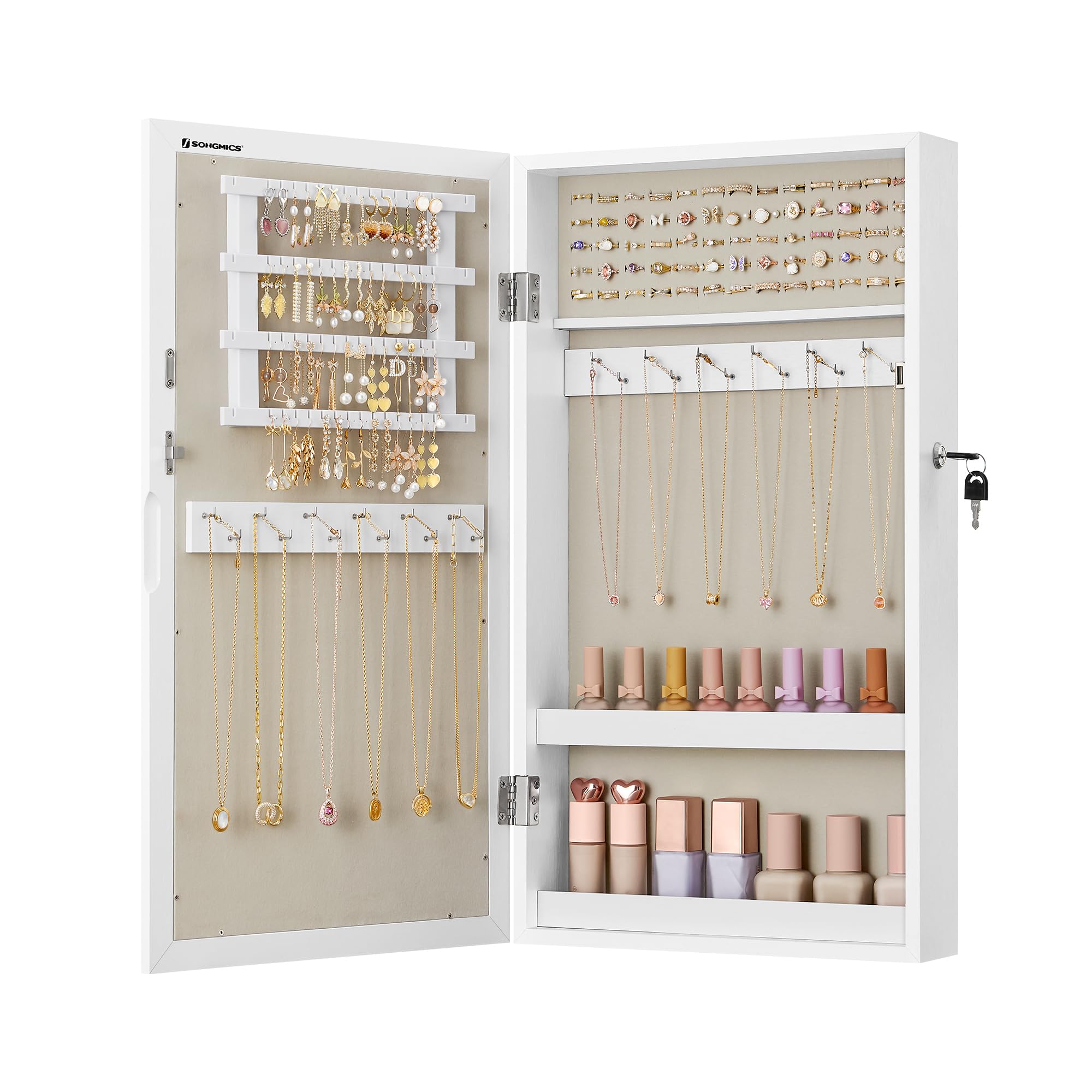 SONGMICSSONGMICS Wall-Mounted Jewellery Cabinet, Mirror with Storage, Lockable Mirrored Cabinet, Jewellery Organiser with Mirror, Space-Saving, White Surface, Greige Lining JJC051W02