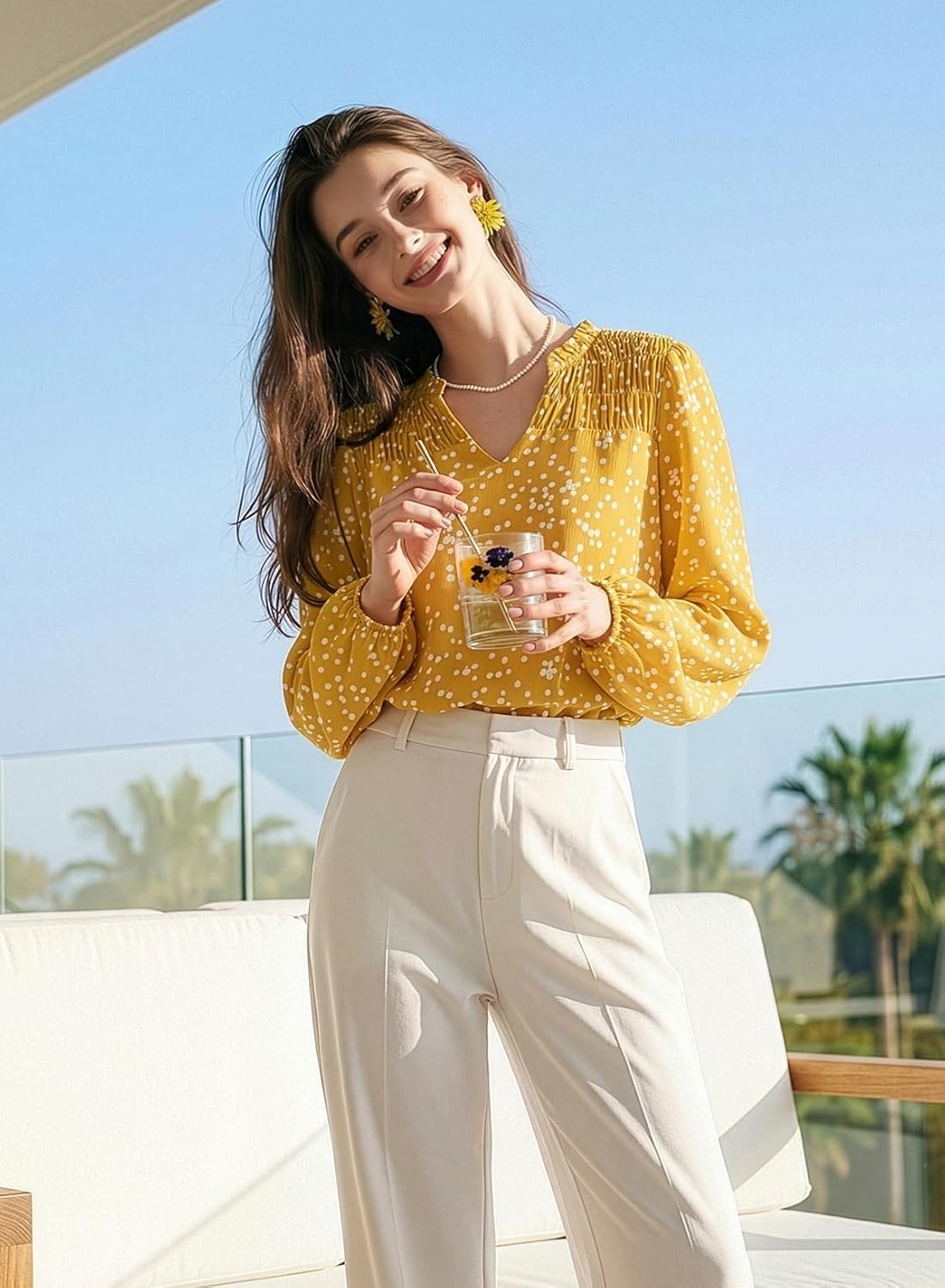 Dokotoo Women's Casual V Neck Alicia Floral Print Smocked Long Sleeve Chiffon Blouses Bohemian Top Shirts - Image 5