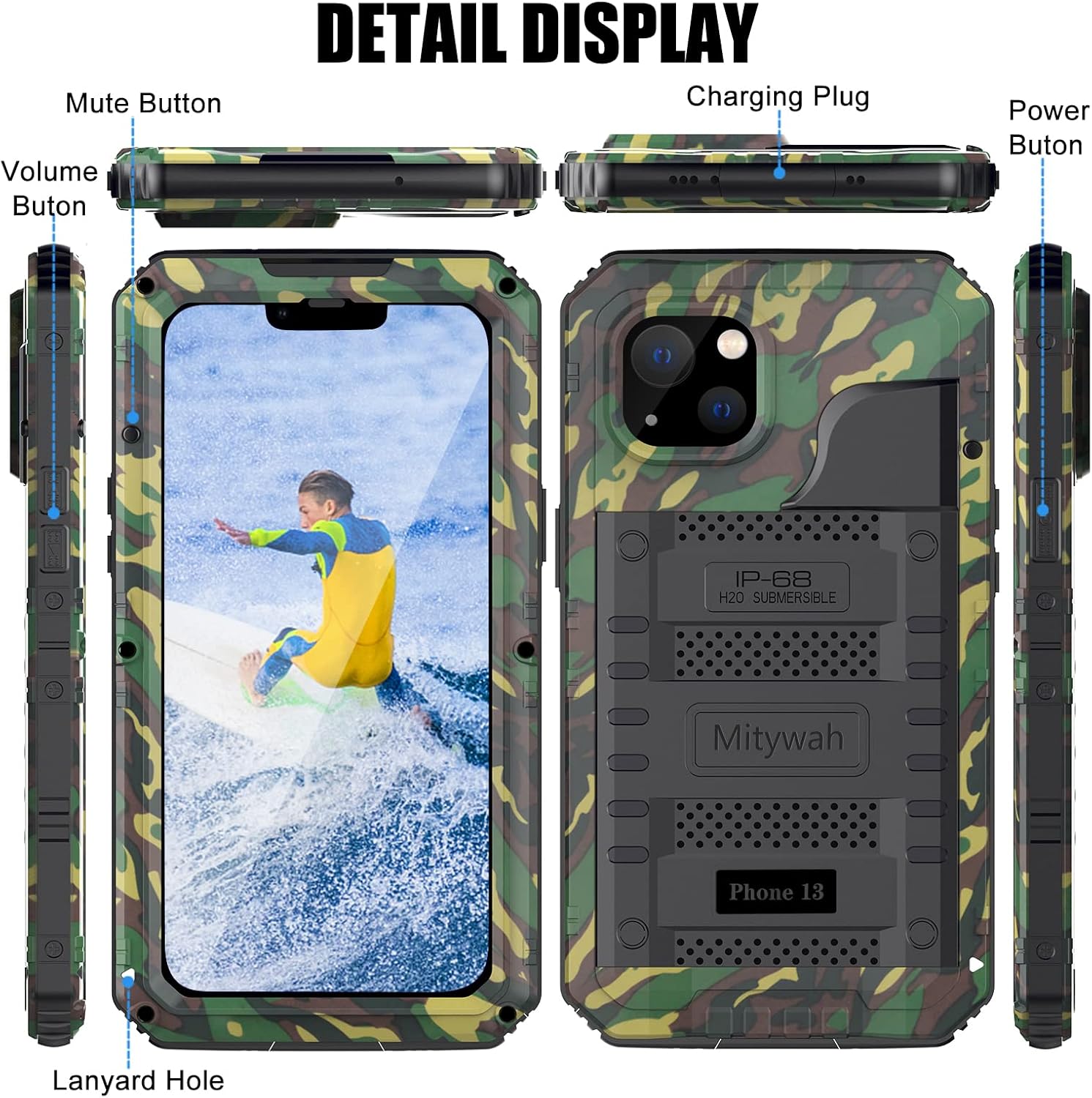 Mitywah Waterproof Case for iPhone 13, Heavy Duty Military Grade Protection Phone Case with Built-in Screen Protector, 360° Full Body Protection Metal Armor Dropproof Case 6.1 inch, Camouflage