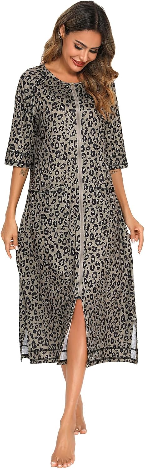Women's Zip Up Robe Full Length Maternity Robe Hospital Bathrobe Nursing Pajamas