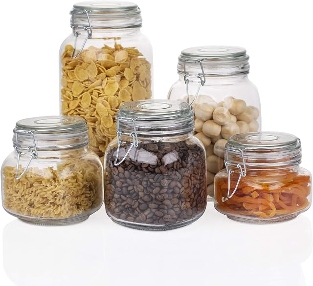 Amisglass Glass Jars with Large Storage Capacity, Clip Top Storage Jar Hermetically Sealed Hinged, Pack of 5, for Fermenting, Preserving, Kitchen Storage & Organisation(2.4L+1.7L+1L+0.9L+0.6L)