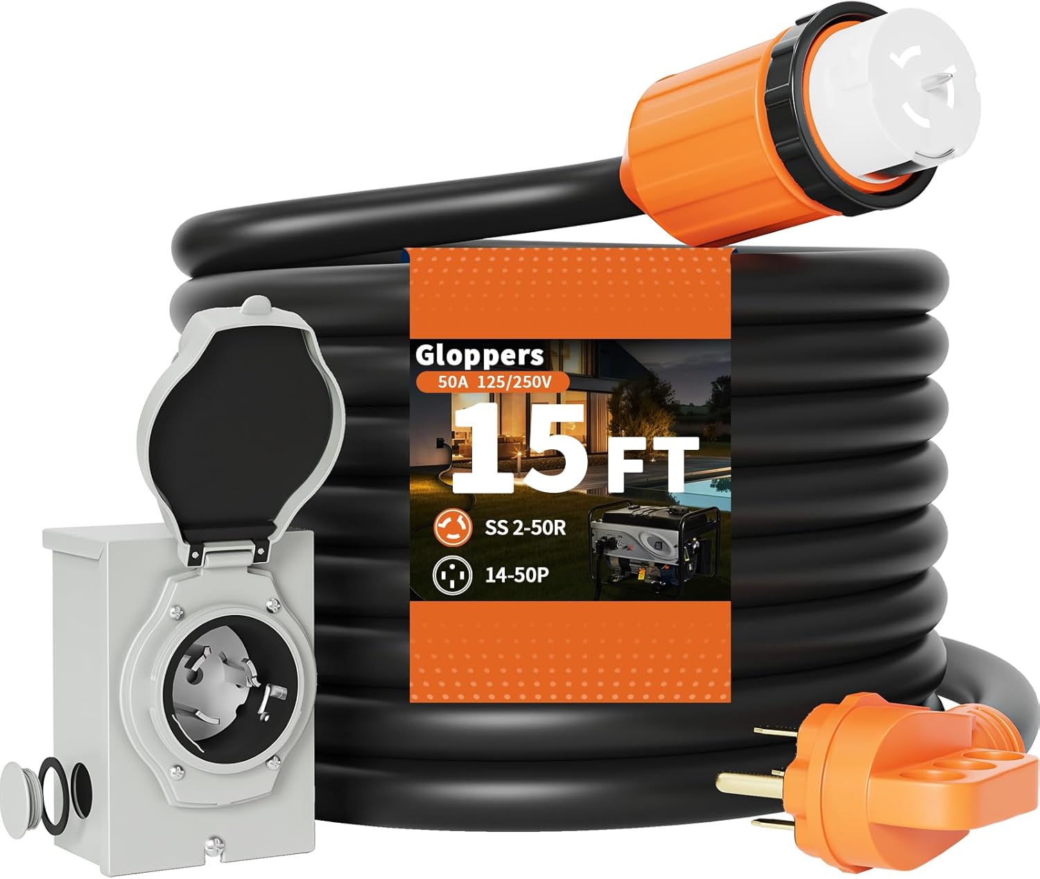 50 Amp Generator Cord and Power Inlet Box 15FT 50 Amp 125V/250V STW 6/3+8/1 AWG Pure Copper Generator Extension Cord,NEMA 14-50P Male to SS2-50R Twist Locking Connector ETL Listed