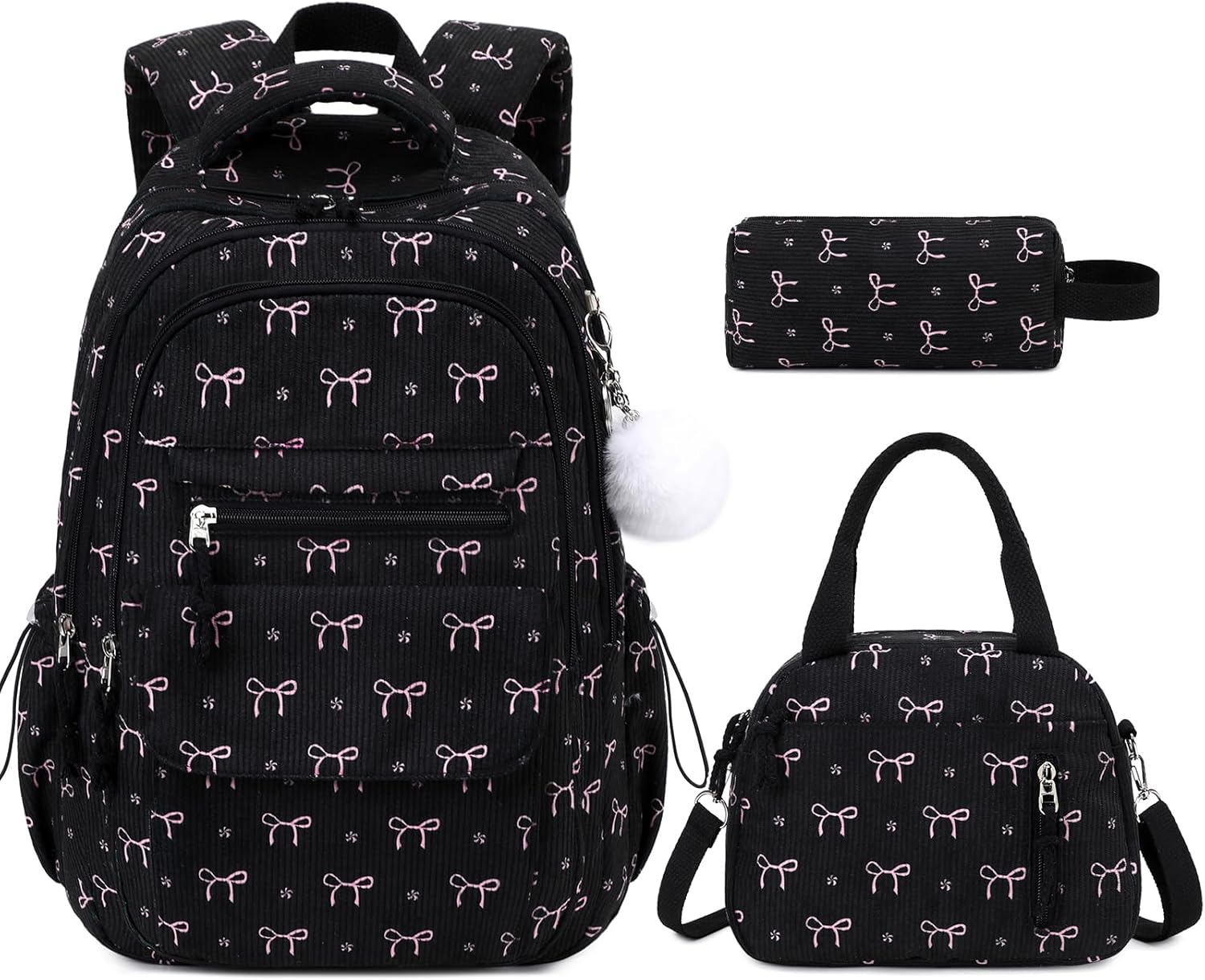 Bevalsa Backpack for Gilrs, 3PCS Corduroy Kids Backpack Set with Lunch Box & Pencil Pouch, Bookbag Daypack Laptop Bag for Women Teens Elementary Middle High School