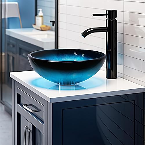 Fregadero de baño de 12 pulgadas, lavabo de vidrio templado, cuenco redondo con grifo combinado, azul
