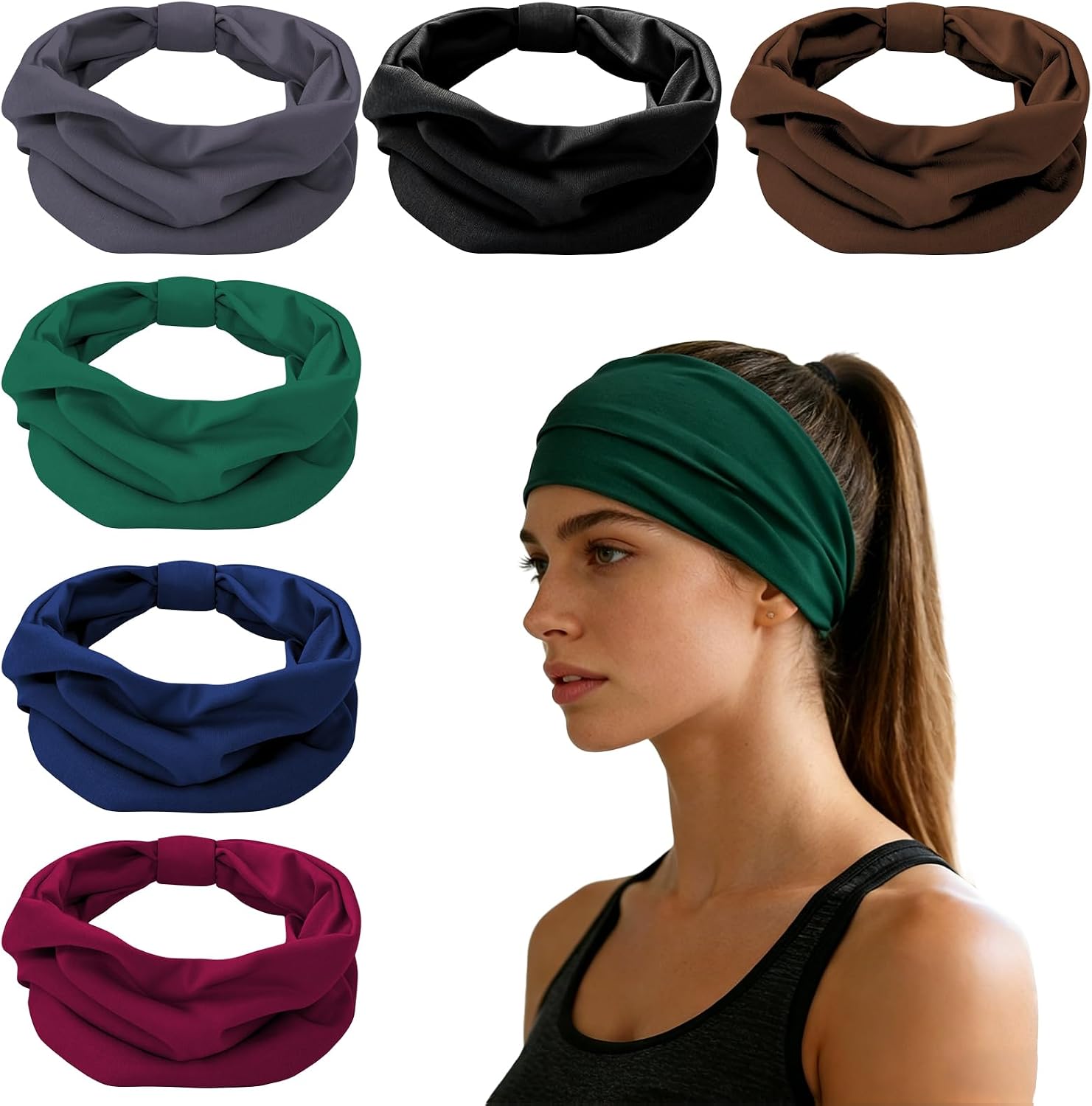Headbands for Women,Wide Elastic Soft Non-Slip Thick Hair Bands,Stretchy Sports Sweat Bands,Large Knotted for Makeup,Yoga, Workout,Running & Daily Use,6-Pack