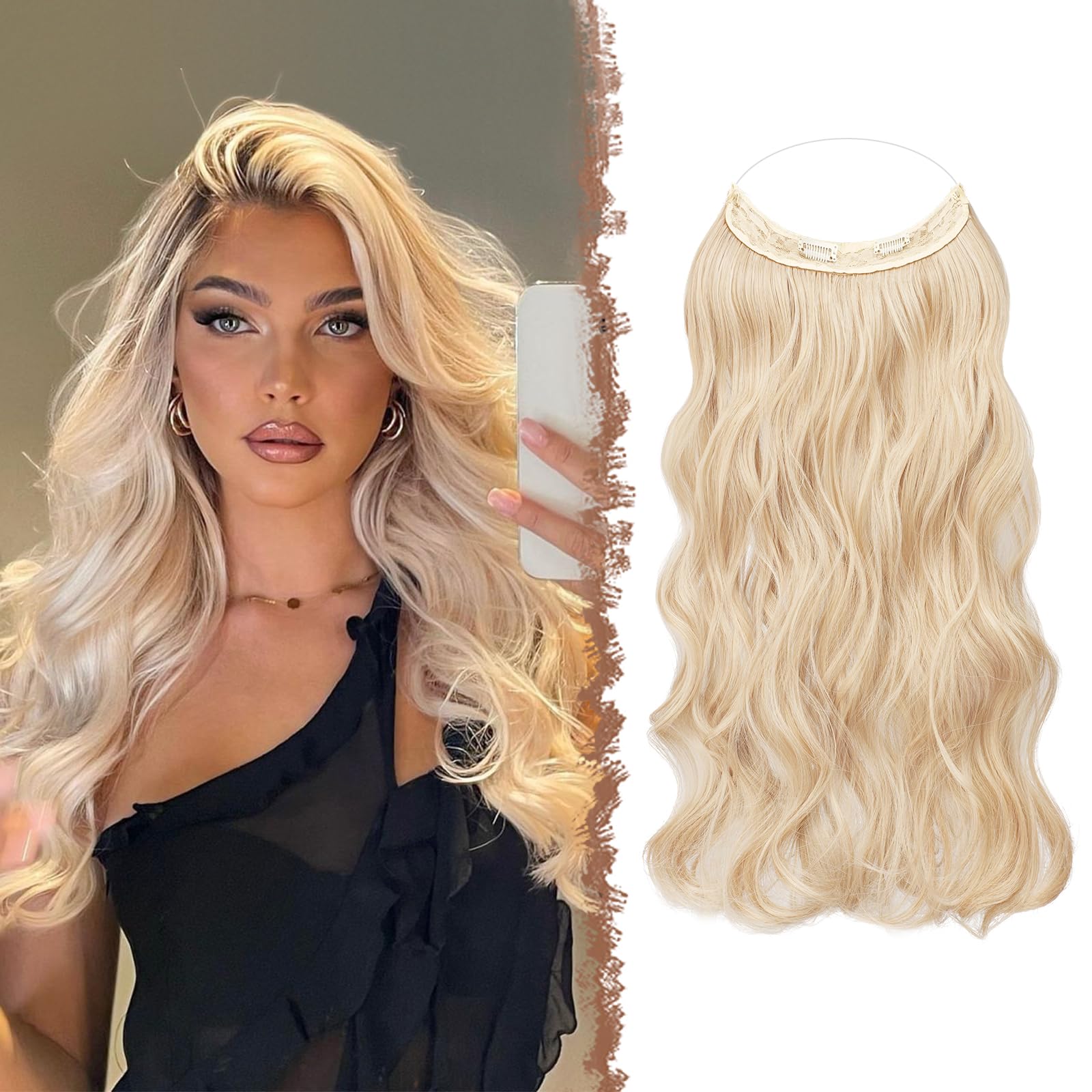 FESHFEN Invisible Hair Extensions Secrets Haarverlängerungen mit Draht Honigblond Gemischt Platinblond Synthetisch Verstellbar Lockiges Haar Langes Gewelltes Geheimes Haarteil für Frauen 45cm